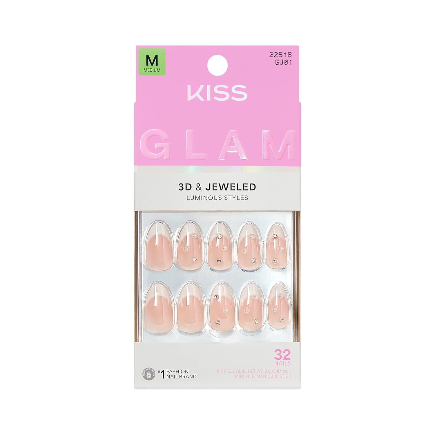 Kiss Glam, Press On Nails, Nail glue included, ‘Serendipity Awaits’, White, Medium Size, Almond Shape, Includes 32 Nails, 2g Glue, 1 Manicure Stick, 1 Mini File