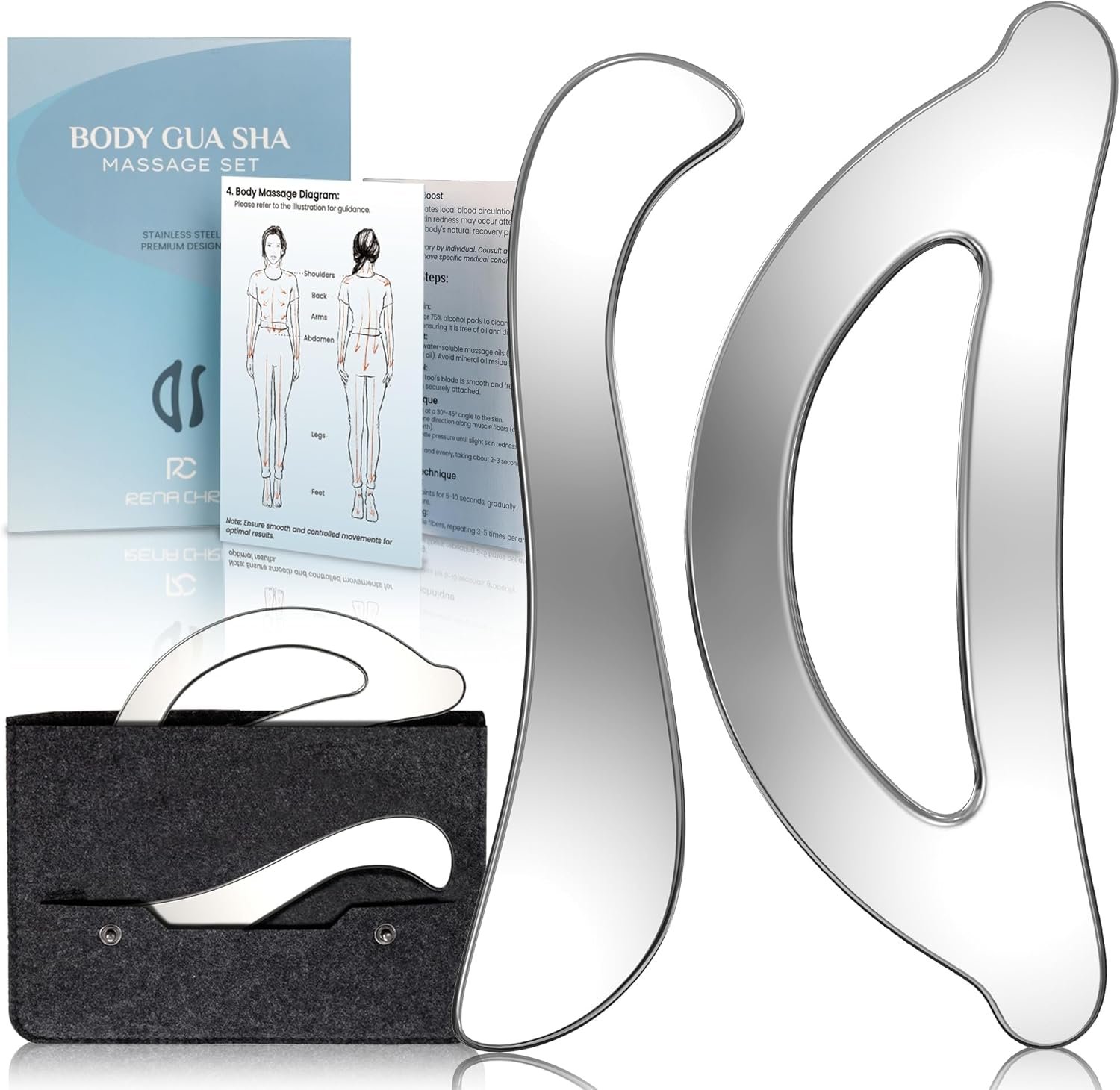 Rena Chris Muscle Scraper Tool Set – Stainless Steel Gua Sha for Physical Therapy & Deep Tissue Massage, Body Gua Sha Tools with Travel Pouch (2-Piece Kit)