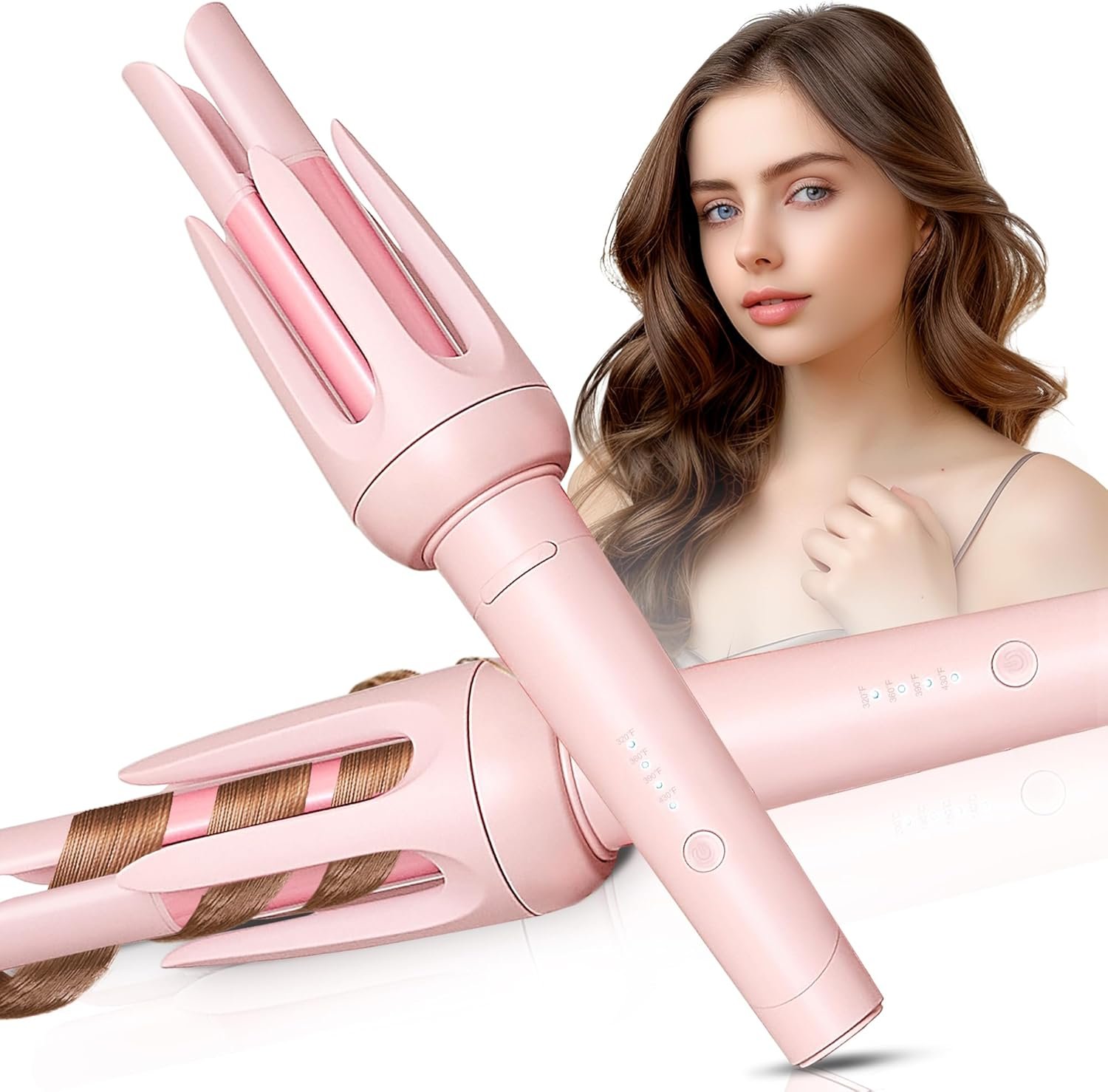 Auto Hair Curler, Automatic Curling Iron with 4 Temperature & 3 Timer, Automatic Shut-Off, Anti-Scald, Anti-Tangle Rotating Curling Wand for Hair Styling, Pink