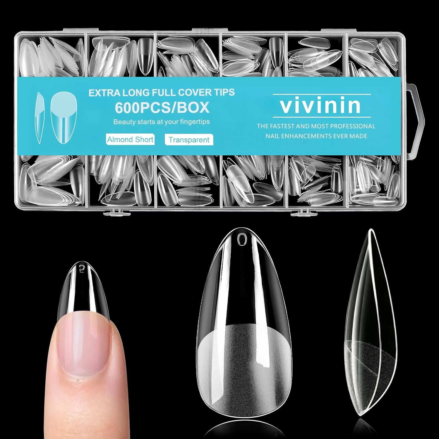 vivinin 600PCS Almond Nail Tips, 12 Sizes Clear Acrylic Half Matte Nails, Pre-Etched Full Cover Press on False Nail Tips for Extensions DIY Salon