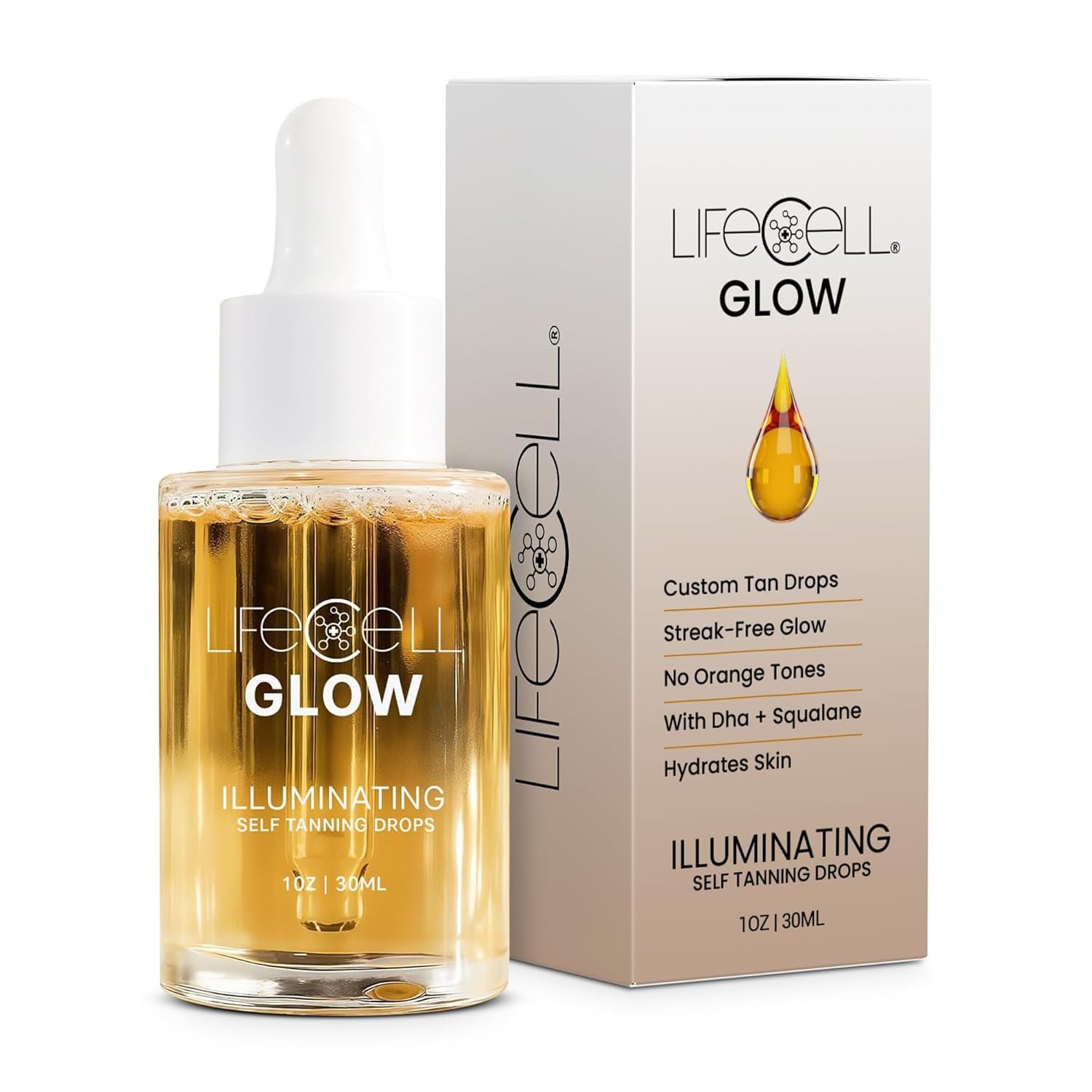 LifeCell Glow Self-Tanning Drops for Face & Body, DHA & Squalane Formula, Customizable Tan, Streak-Free, Hydrating, Fragrance-Free, Non-Comedogenic, Safe for All Skin Types, 1 Fl Oz