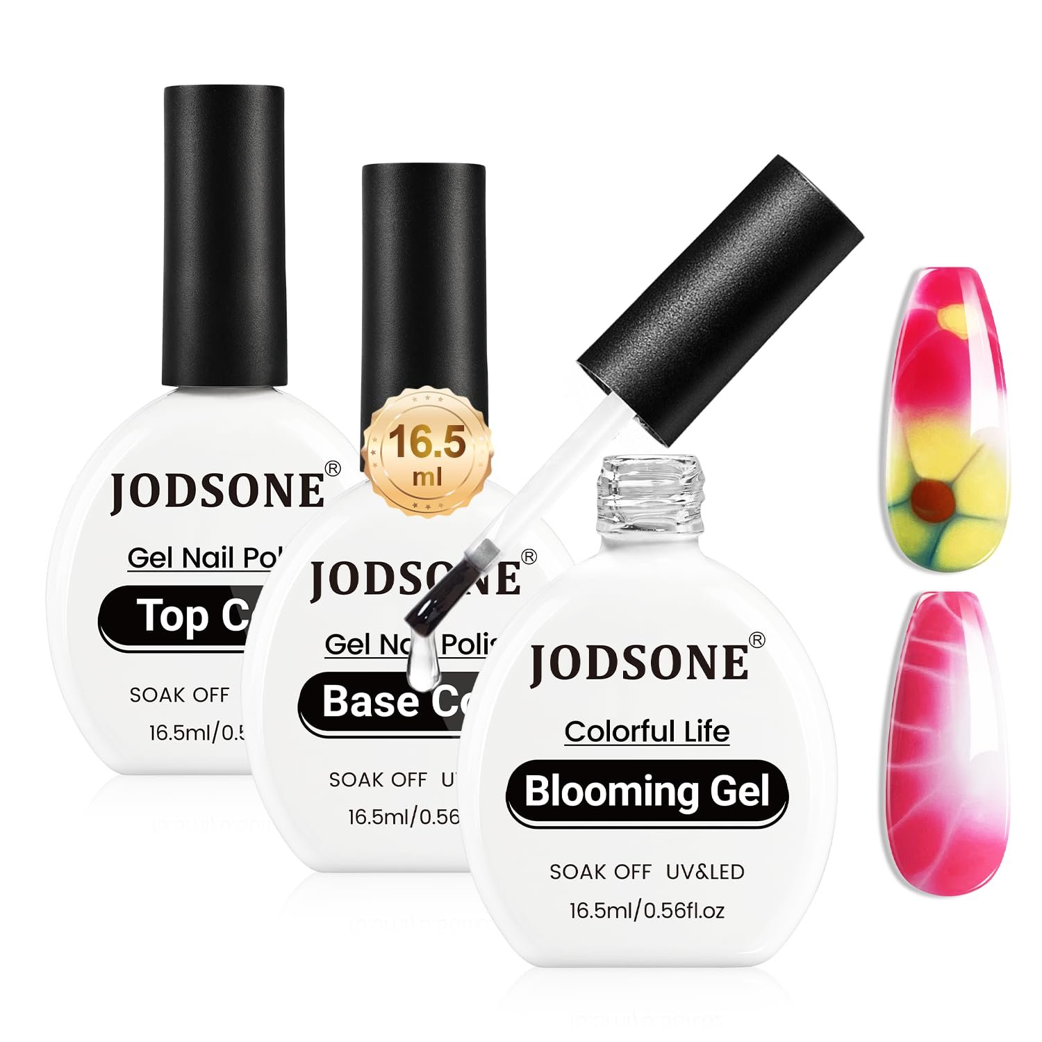 JODSONE 3Pcs 16.5ml Top Coat And Base Coat Set with Blooming Gel No Wipe Top Coat Base Blooming Gel for Spreading Effect Print Nail Painting Need U V Lamp Cured