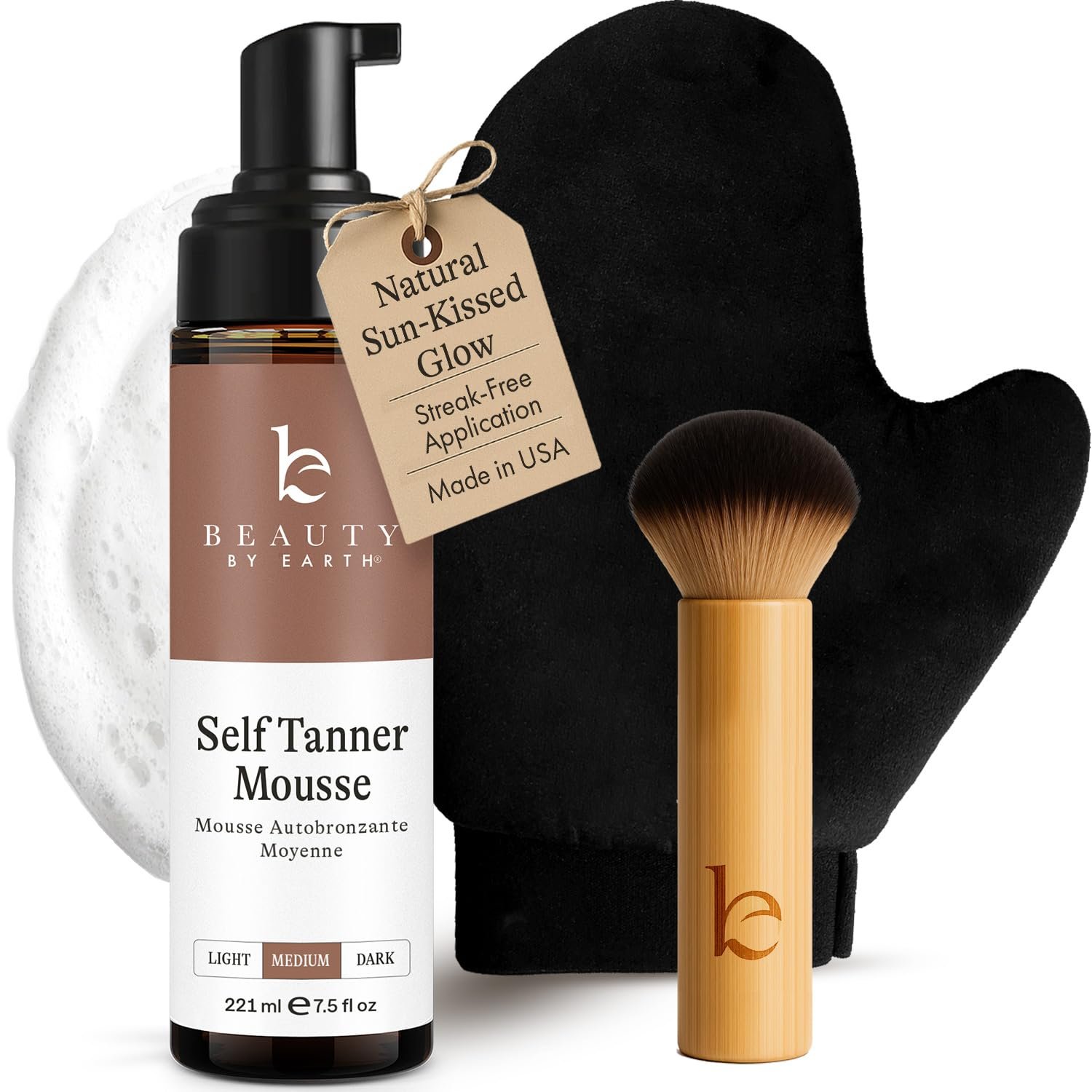 Self Tanner Tanning Mousse Kit – USA Made with Natural & Organic Ingredients, Tan Kit with Kabuki Brush & Mitt, Tanning Foam for Fake Tan, Non Toxic Sunless Tanner, Self Tanners Best Sellers