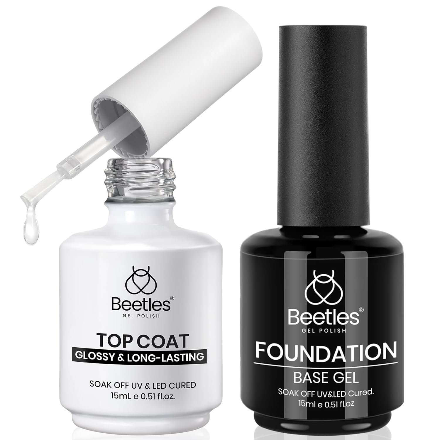 Beetles 2Pcs 15ml Gel Base and Top Coat Set – Upgrade No Wipe Extra Glossy Top Coat Finish for Gel Nail Polish, Soak Off UV/LED Lamp Needed, Essentials for Long-Lasting Manicure Kit