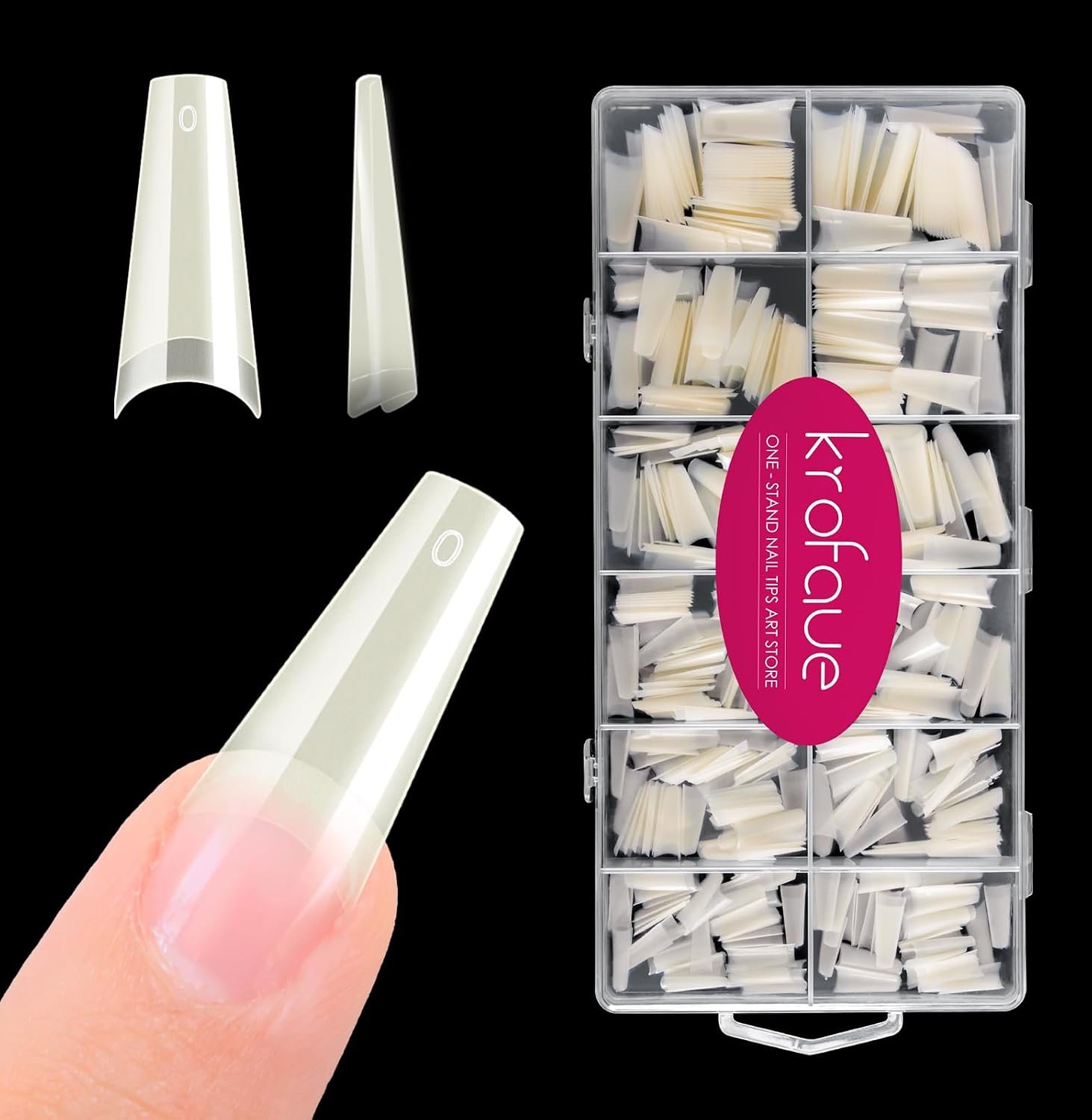 krofaue Natural Acrylic Nail Tips Square – 600PCS Half Cover Coffin False Nails 12 Size with Box for Salon and Home DIY