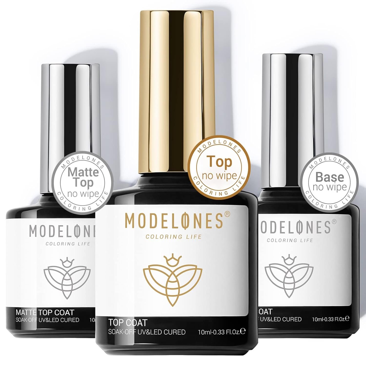 modelones Gel Base Top Coat Set 3 Pcs, Glossy and Chrome Proof Matte Top Coat No Wipe Shiny Clear Gel Polish Long Lasting High Gloss & Velvet Matte DIY Home Soak Off Manicure Gift for Women