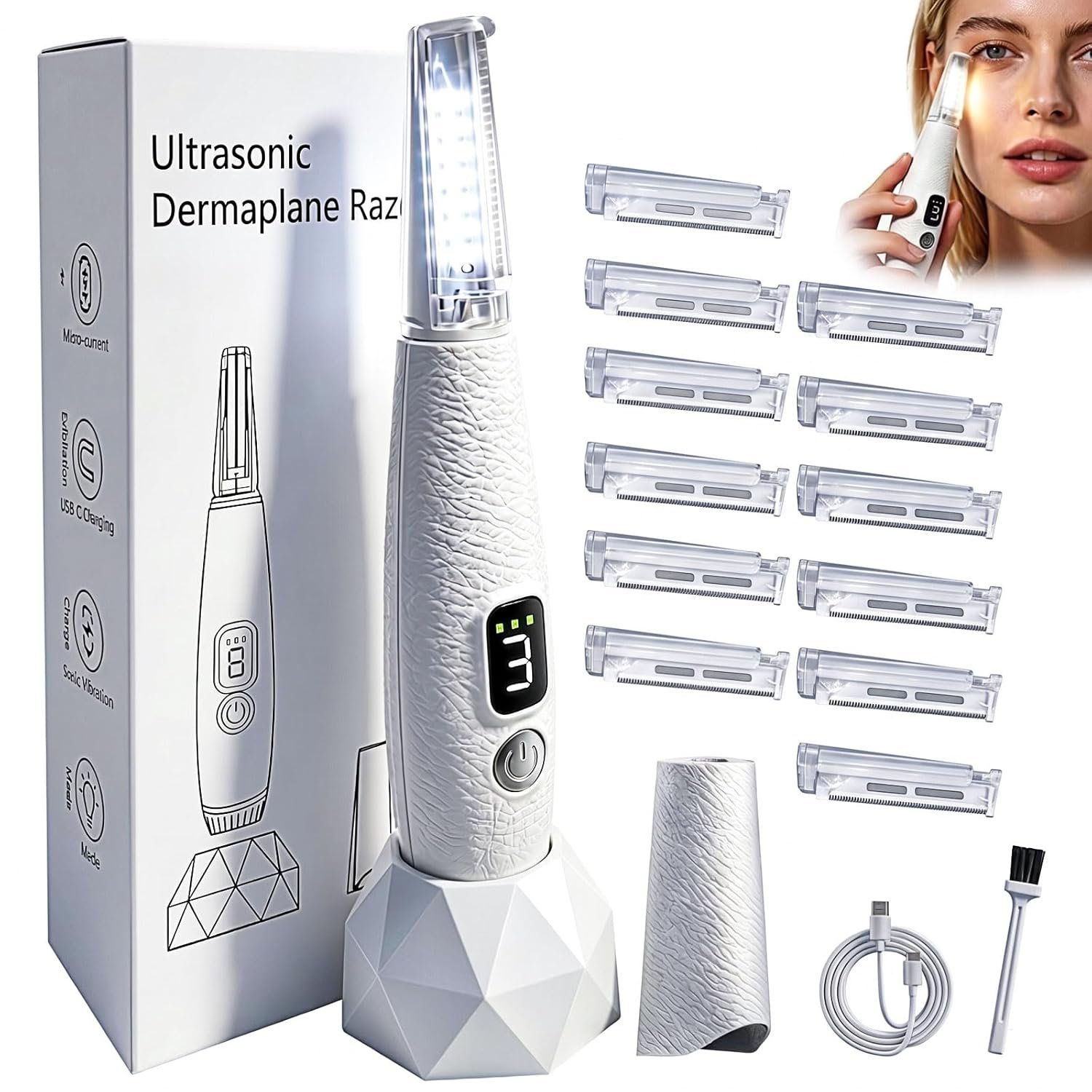 Sonic Smooth Dermaplane Razor for Women Face with 12 Refill Blades, Dermaplaning Tools for Peach Fuzz & Exfoliation, Eyebrow & Face Hair Remover,3 peeds,LED, Rechargeable Dermaplane Razor,White