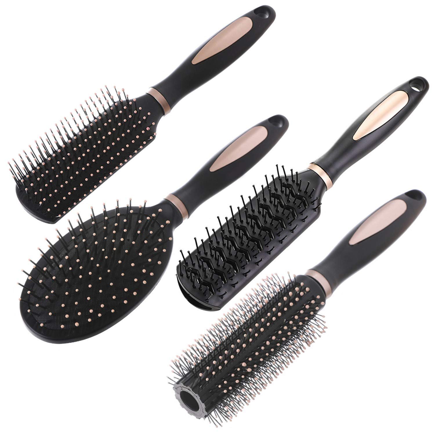 Pack of 4 Anti-Static Hair Tools for Women, Men & Kids: Oval Comb, Round Vent Brush, Detangling Paddle Brush for Wet/Dry Hair Massage & Shine, QXDAI-10