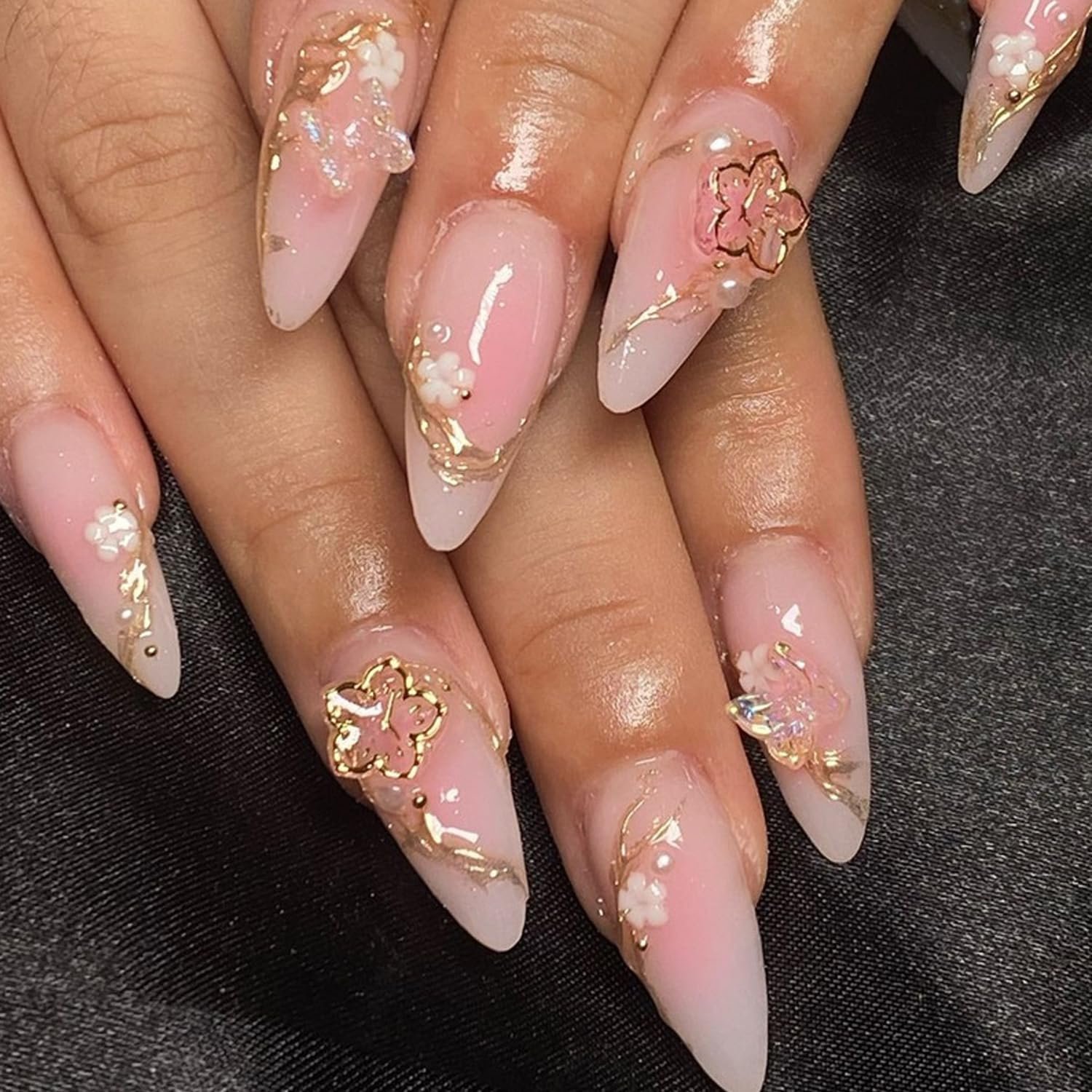 Press on Nails Almond Shaped Glossy Full Cover Acrylic French Medium False Nails with Designs Artificial Fake Nails with Charms Glue ons Almond Fingernails for Women Girls(BZ1411)
