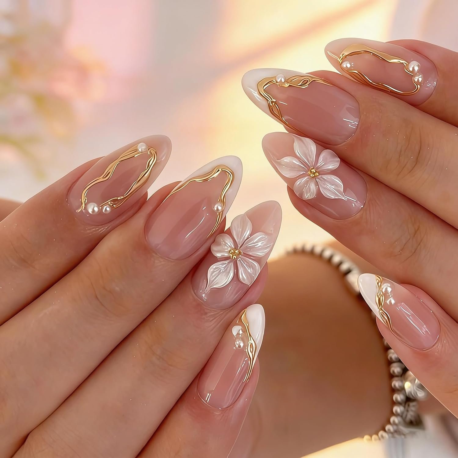 24Pcs White Flower Press on Nails Almond – Medium French Tip Fake Nails with Embossed 3D Flower&Gold Edged Pearl Designs, Glossy Finish Reusable False Nails with Glue Tabs Nail Kit for Women Manicure
