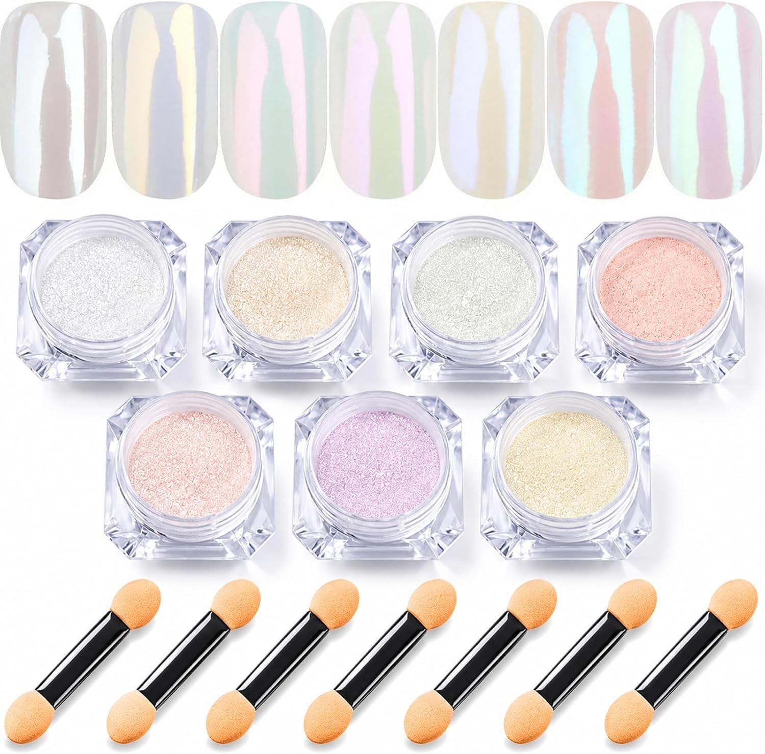 7 Colors Chrome Nail Powder Set, Nail Chrome Bulk,White Pearl Iridescent Aurora Metallic Mirror Effect Dip Nail Powder Kit, Gel Polish Holographic Mermaid Pigment, Resin Craft,Nails Art Gift for Women