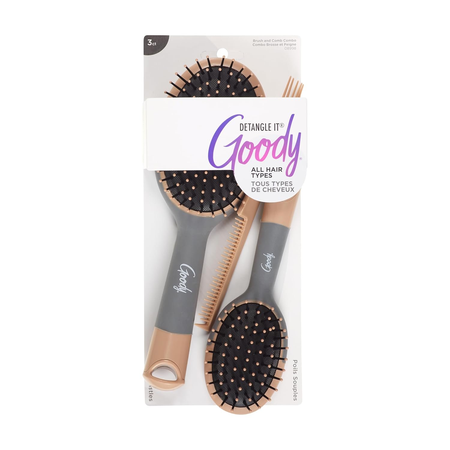 Goody Detangle It Hair Brushes Set – Large Oval Paddle Brush + Detangling Comb + Mini Brush, Suitable for Detangling & Styling, Pick Comb for Tangles On-the-Go, For Wet or Dry Hair, Brown/Grey