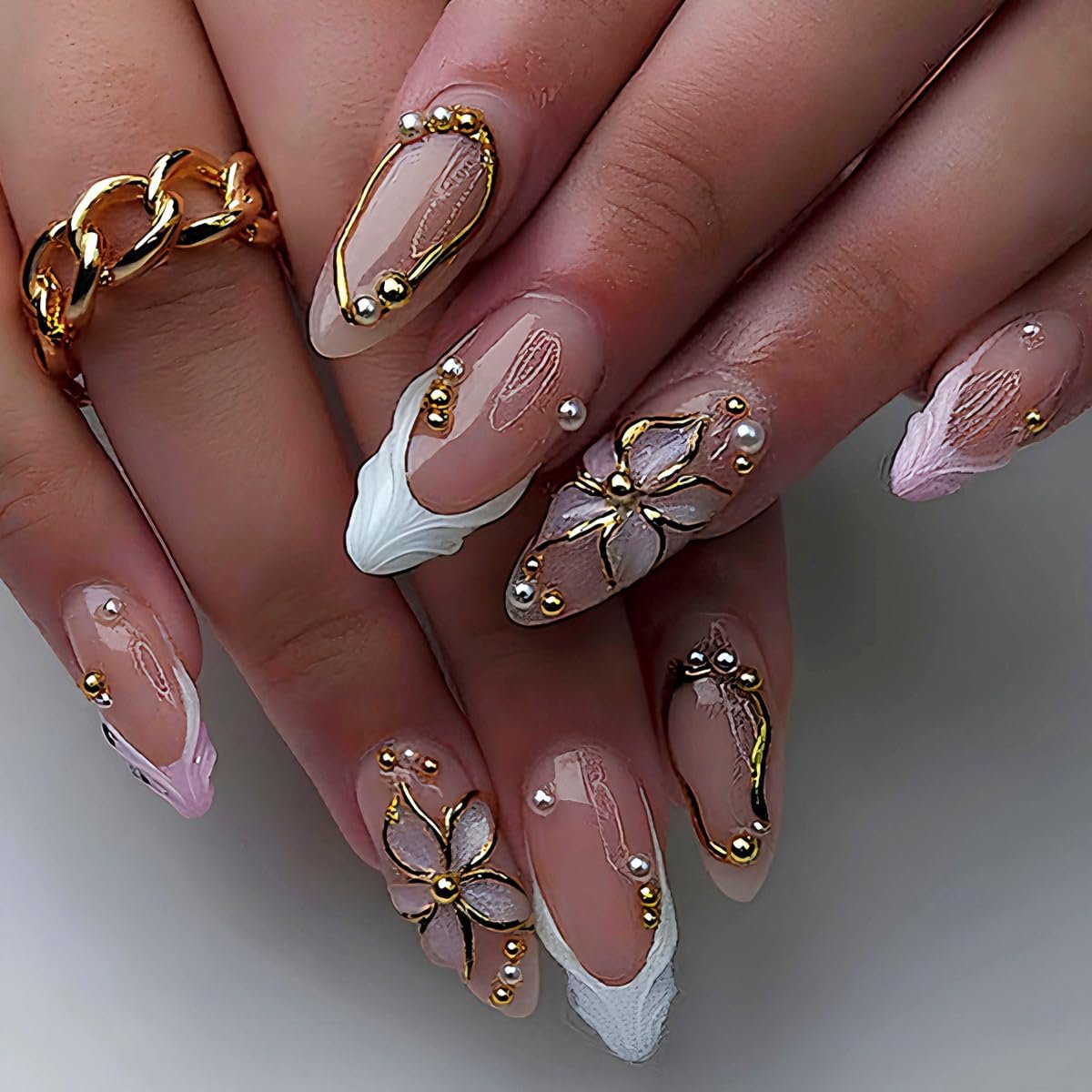 3D Press on Nails Almond – Medium French Tip Fake Nails with Embossed Flower & Gold Bead Designs, Glossy Acrylic Nails Full Cover Floral Glue on Nails for Women Manicure 24Pcs