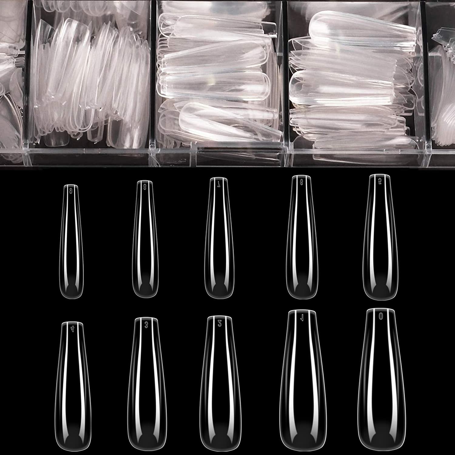 Long Fake Nails – Clear Acrylic Coffin Shaped Ballerina Nails Tips BTArtbox 500pcs Full Cover False Artificial Nails with Case for Salons and DIY Nail Art, 10 Sizes