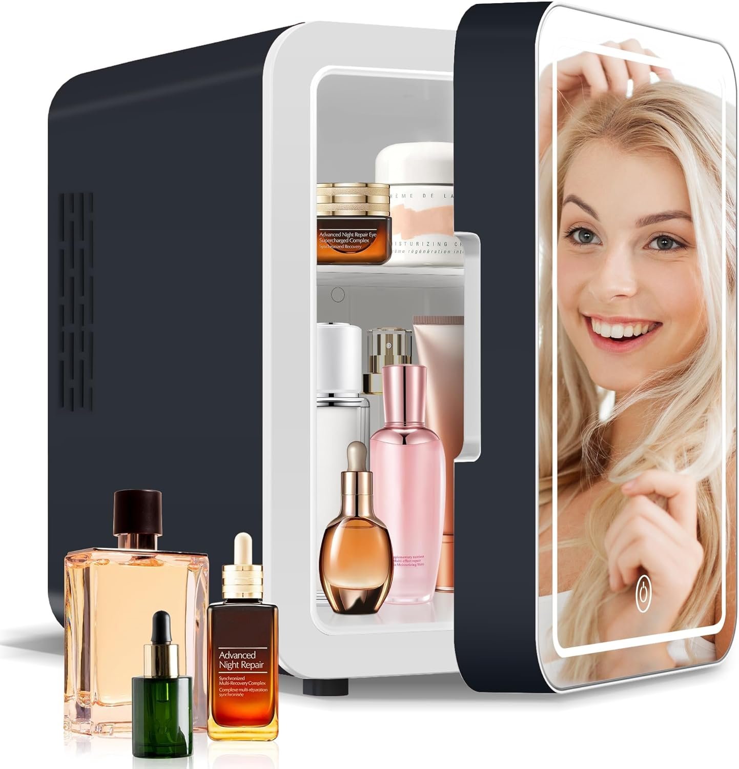 Upgrade Skincare Fridge with Dimmable LED Light Mirror, 4L/6Can Cooler Warmer Mini Fridge for Skin care Cosmetic Makeup Beauty, Portable Mini Skincare Fridge for Bedroom Dorm Office Rv, Grey