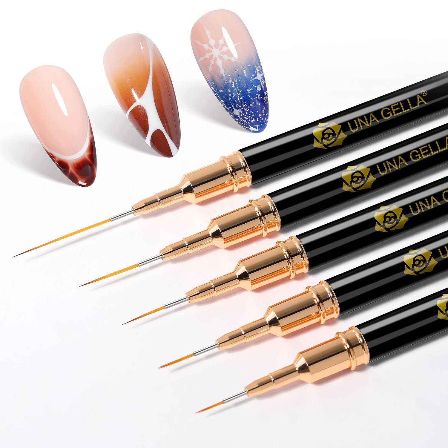 UNA GELLA Metallic Nail Art Brushes, Liner Pens Set 5Pcs For Nail Art Gel Polish – Thin Detail Nail Art Design Painting Brush Set For Nails Gel Fine Drawing Nail Tools Sizes 7/9/11/15/25mm
