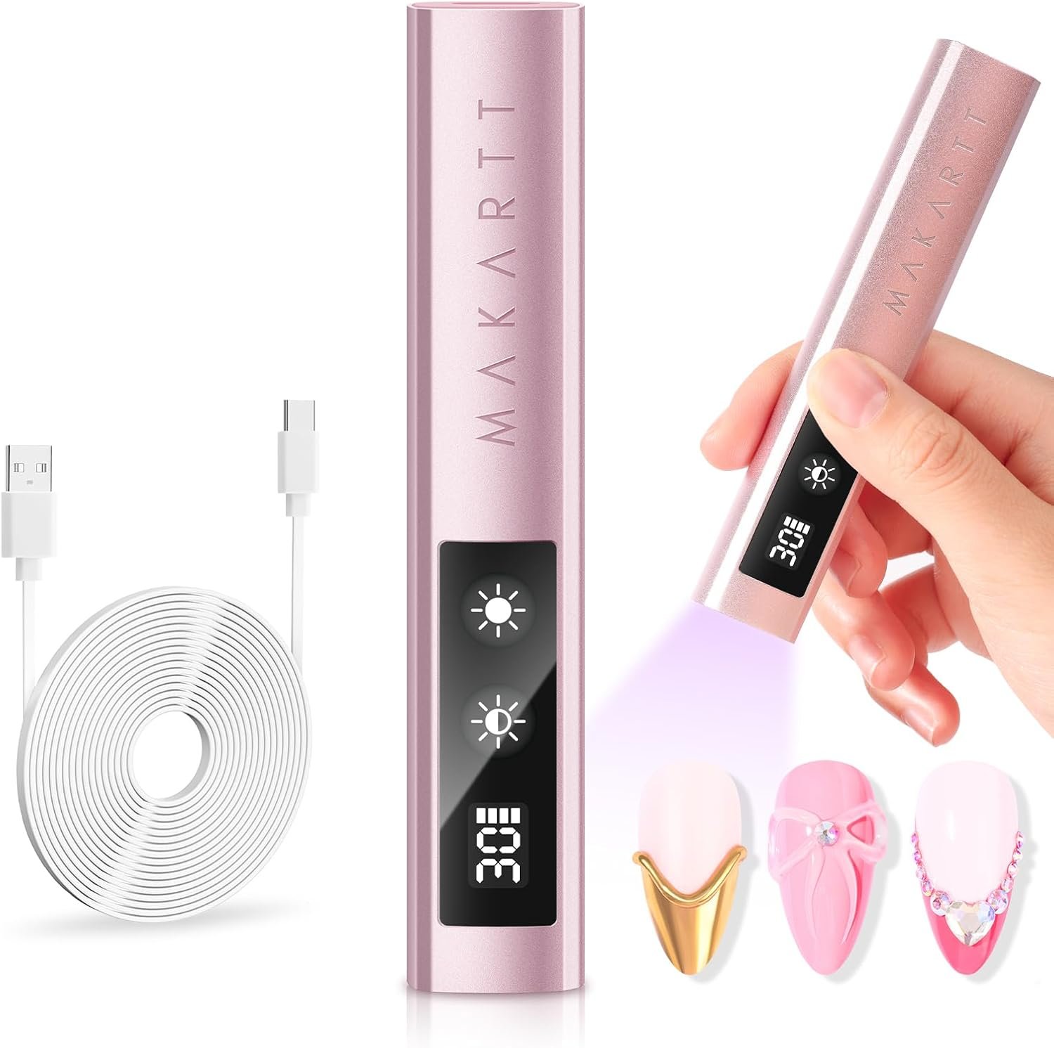 Makartt UV Nail Lamp, Handheld Flash Cure Lamp with Painless Mode Rechargeable Portable Nail Light 800mAh with LCD Display & 3 Timers for Home & Salon(Rose Gold)