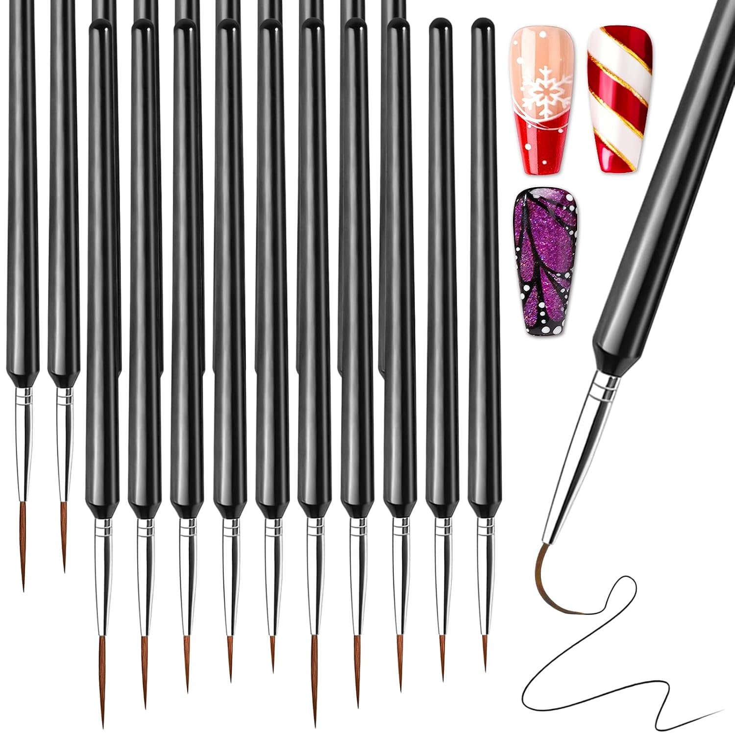 FANDAMEI 20pcs Nail Art Brushes, Liner Brushes For Nails, Nail Liner Brush, Thin Nail Art Brush For Drawing Long Lines, Nail Brush Set, Nail Brushes For Nail Art, Nail Art Tools, 7/9/11/15/20mm, Black