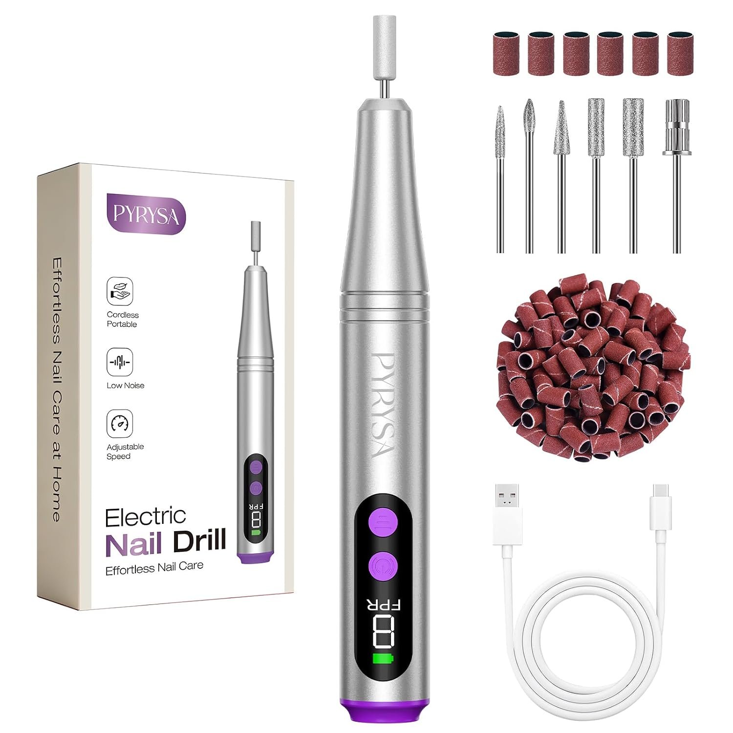 Cordless Nail Drill, Electric Nail File Machine for Acrylic Gel Polish & Dip Powder, Rechargeable Portable Manicure Pedicure Kit, 9 Speeds, LED Display, Low Noise Tool for Home & Salon, Silver