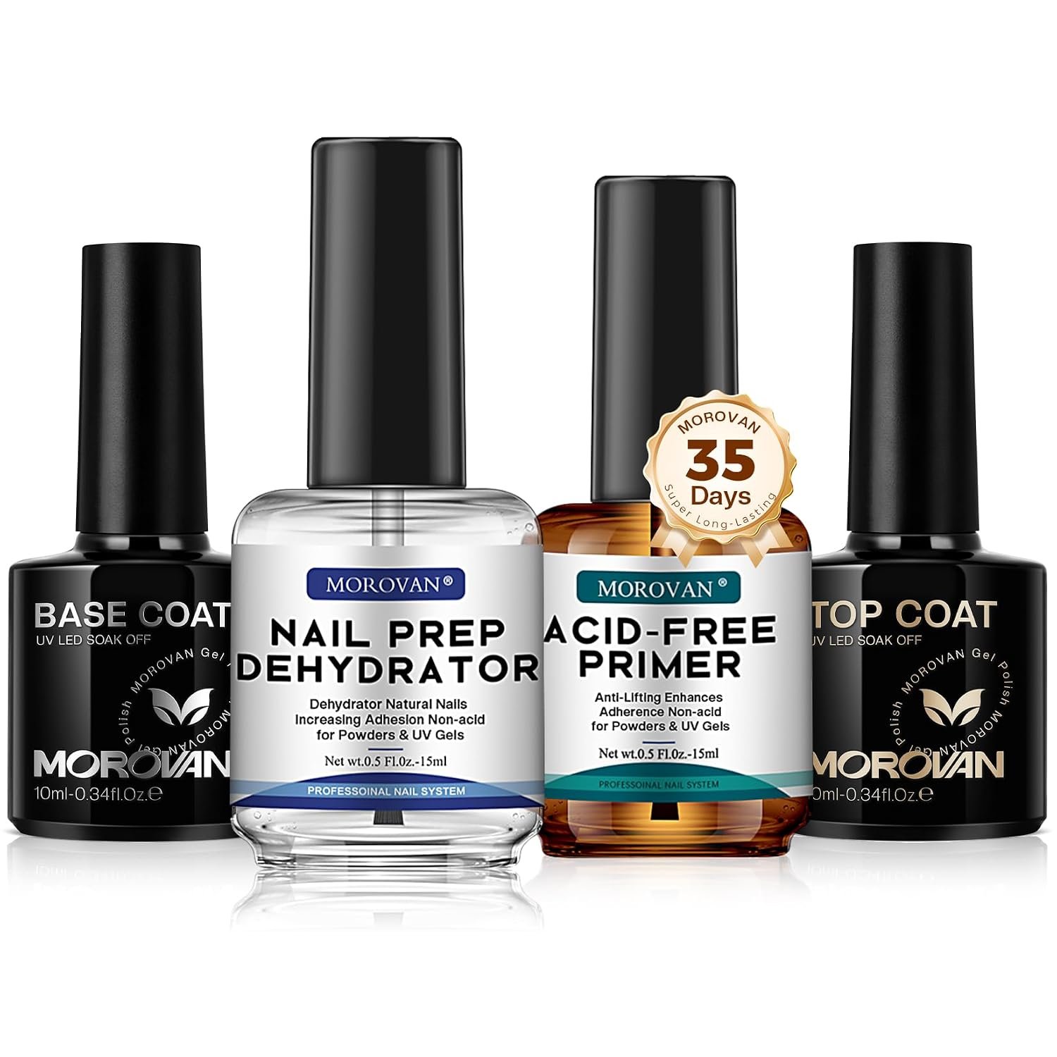Morovan Nail Dehydrator and Primer with Gel Base & Top Coat Set 4PCS Professional Fast Dry Acid Free Supplies Primer for Acrylic & Gel Nail Polish Gifts