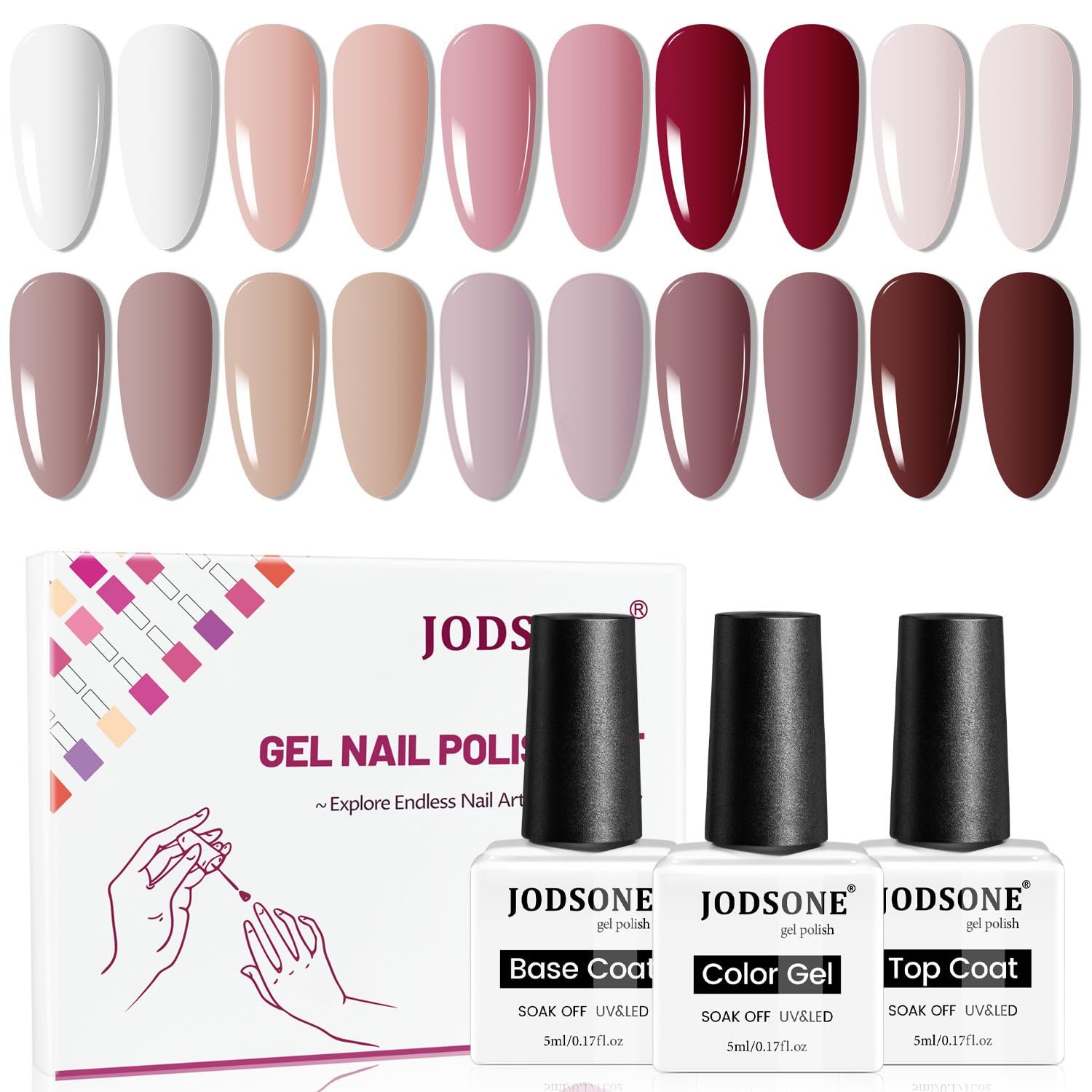 JODSONE 10 Colors Gel Nail Polish Set with Base Coat & Top Coat White Pink Purple and Red Gel Polish for All Seasons Women’s Holiday Gift