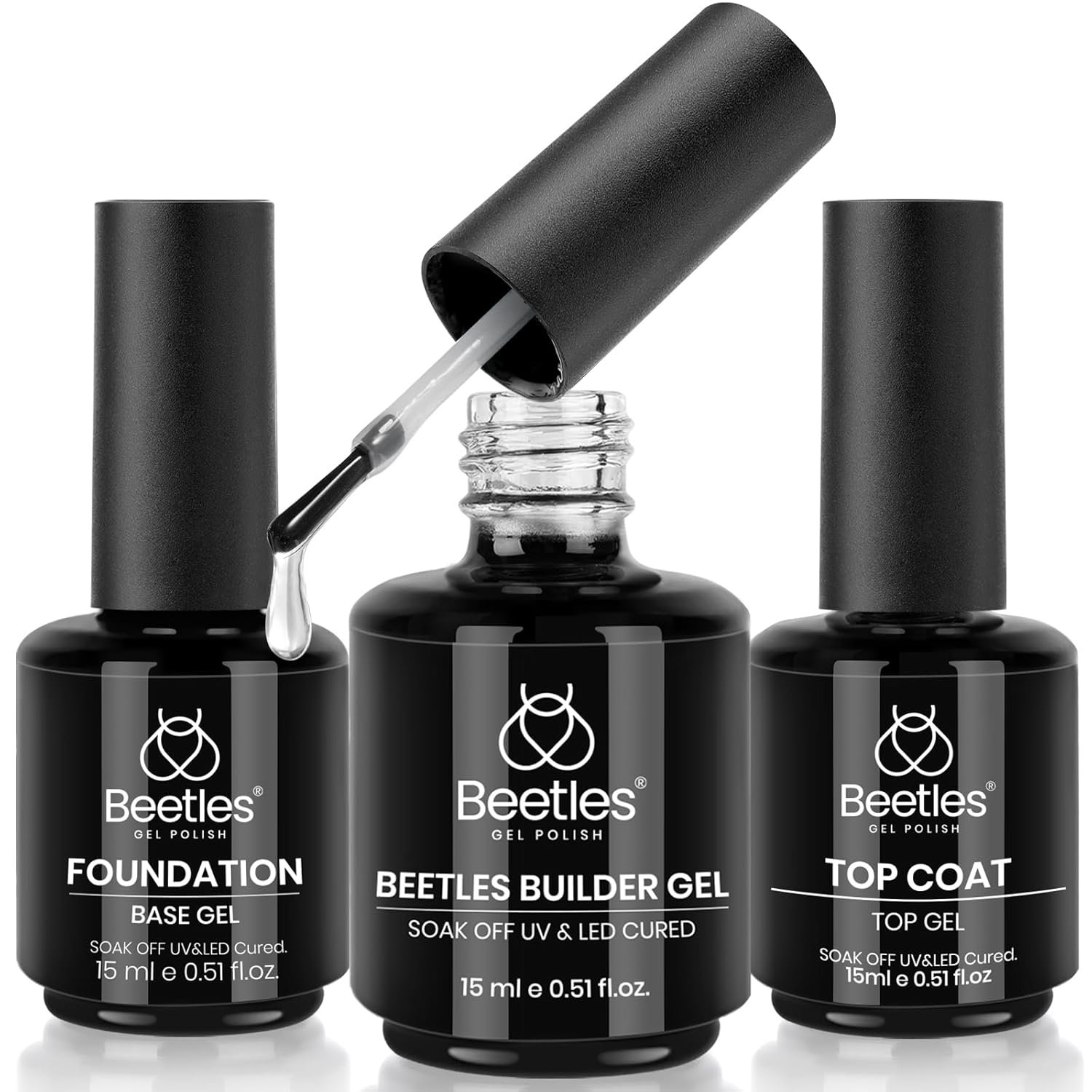Beetles 3Pcs 15ml Builder Nail Gel with No Wipe Top Coat and Base Coat Kit for Gel Polish Shine Finish & Long Lasting Nail Protection UV/LED Lamp Needed Gift for Women