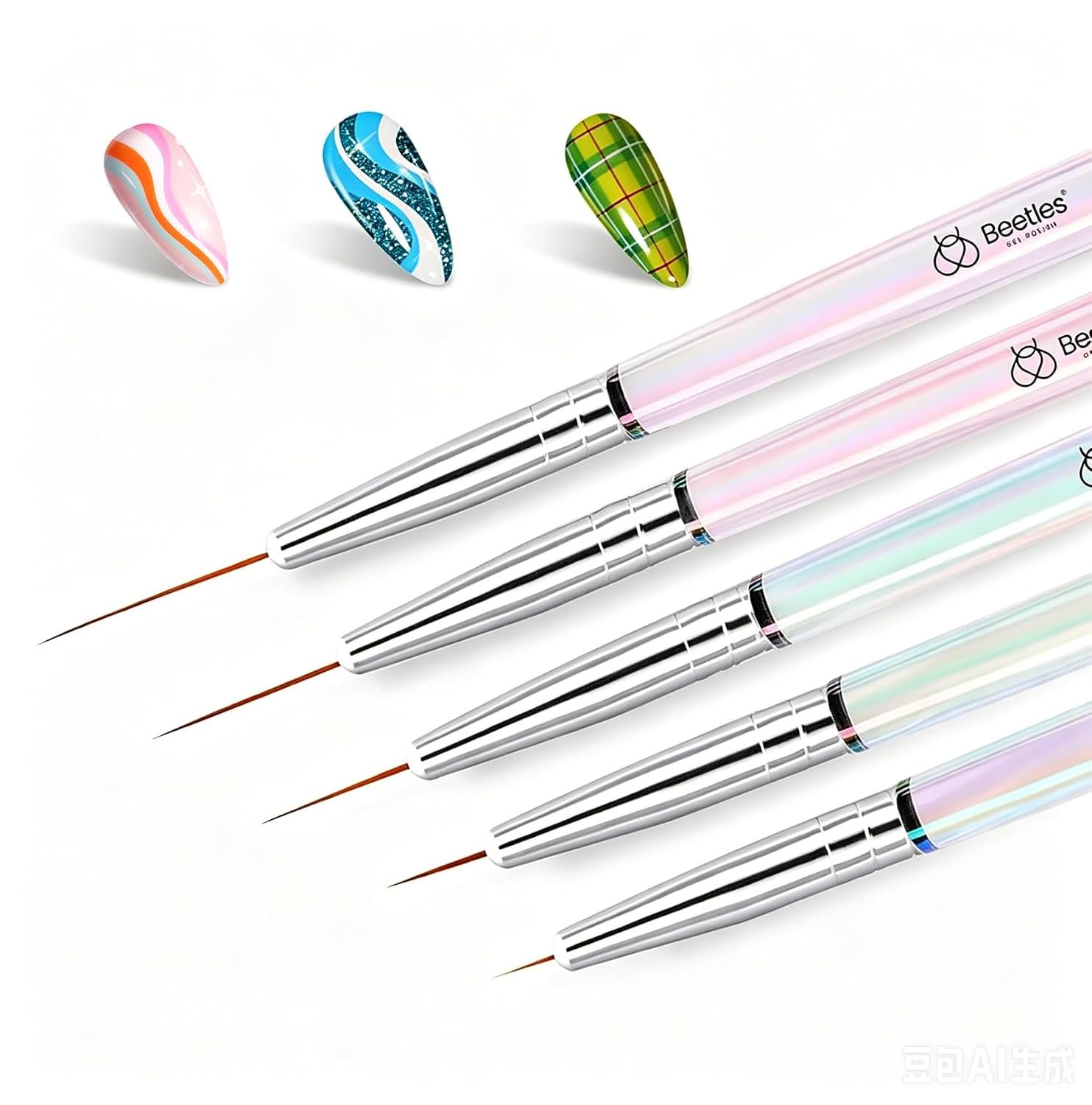 Beetles Nail Art Pens Brushes, 5pcs Nail Art Liner Brushes Set Painting Nail Dotting Drawing Tool Metal Handle for Long Lines, Details, Fine Sizes 7/11/15/20/25mm Gift for Women