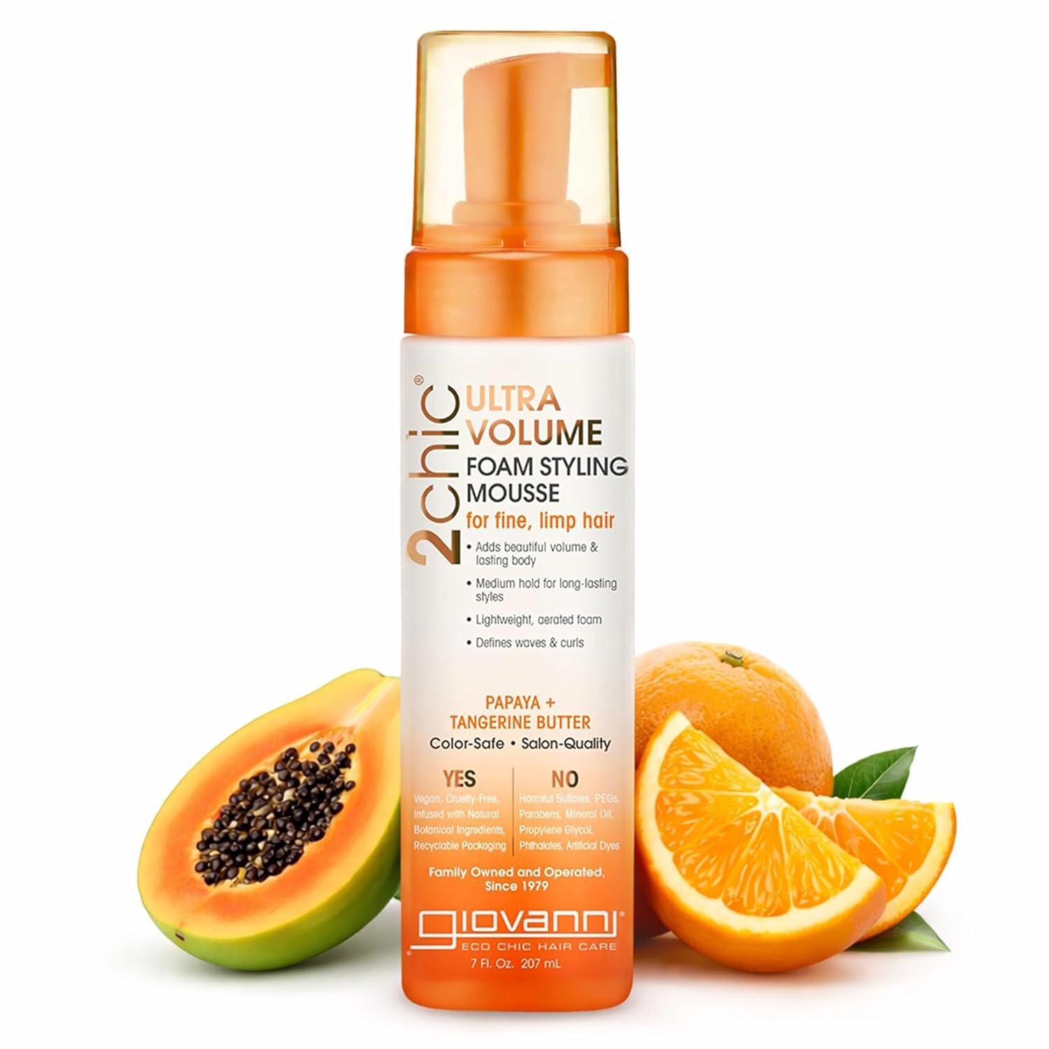 GIOVANNI 2Chic Ultra Volume Mousse for Fine & Thin Hair – Volumizing Hair Foam for Women & Men, Foaming Texture for Defining & Enhancing – Papaya & Tangerine, 7 fl oz (Pack of 1)