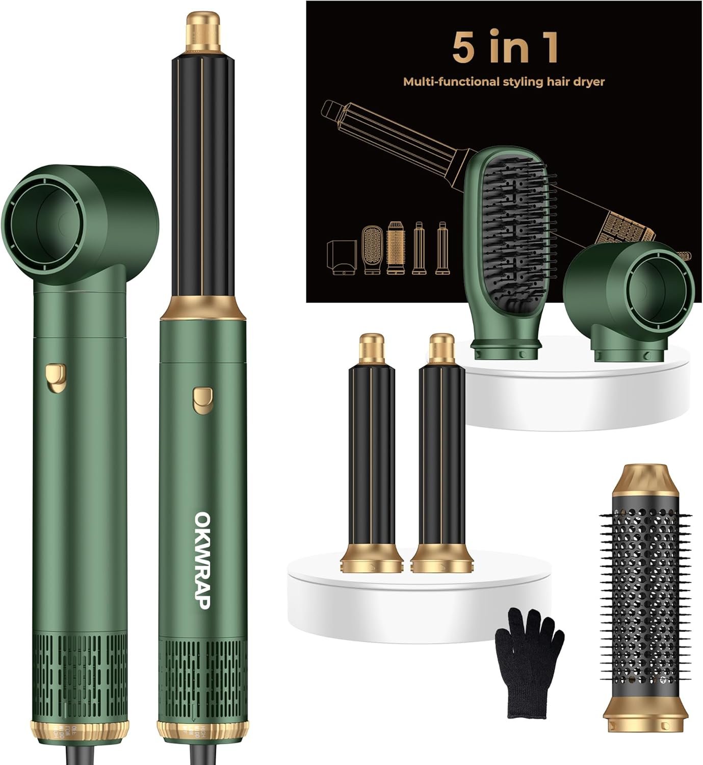 5 in ONE Hair Dryer Brush, Blow Dryer Curling Wand Hair Styling Tools Set, Ionic Hot Air Brush Round Brush Blow Dryer, Left&Right Styler 100-120V