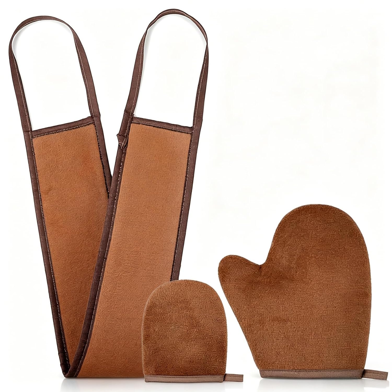 3 Pcs Self Tanning Mitt Applicator Kit Double-Sided Self Tanner Back Applicator, Soft Self Tanning Mitt Glove, Washable Mini Face Tanner Mitt for Women Girl Men Flawless Tan (Brown)