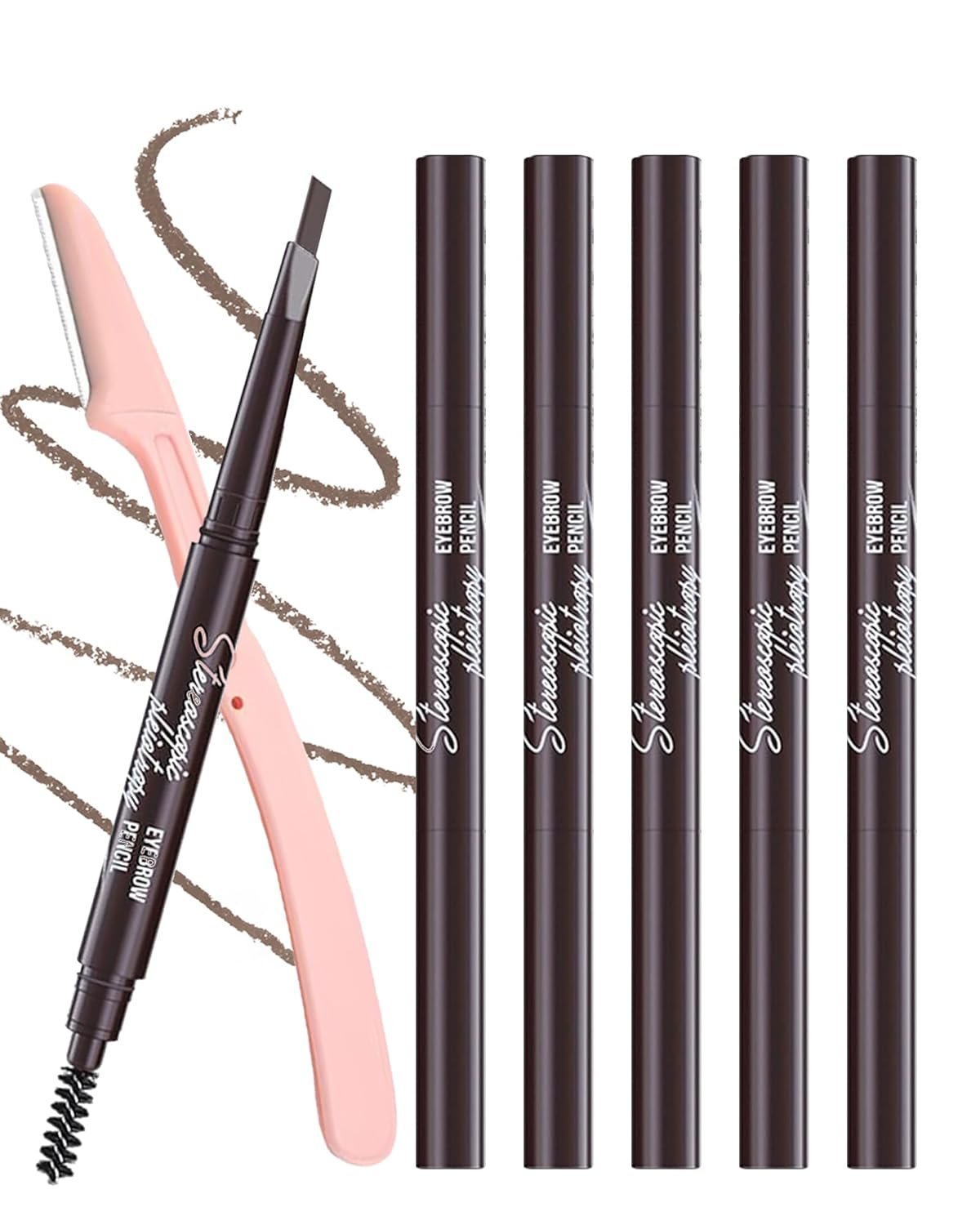 6 Pack Medium Brown Eyebrow Pencil, Waterproof Eye Brow Pencils for Women- Dual-Ended with Spoolie Brush and Triangular Tip for Easy Defining, Natural Fill, Long-Lasting Brows, Sweatproof
