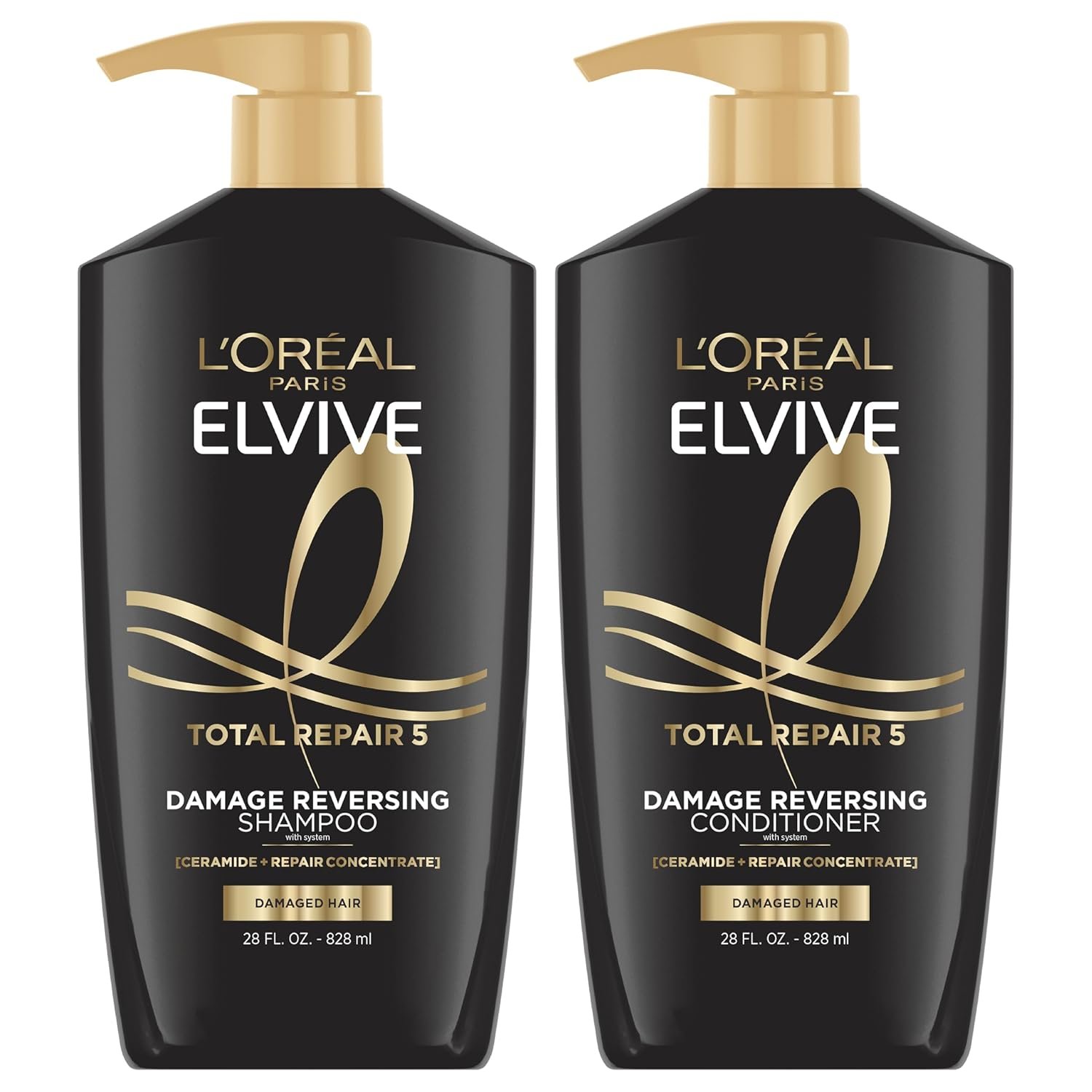 L’Oreal Paris Elvive Total Repair 5 Damage Reversing Shampoo and Conditioner Set for Dry and Damaged Hair, Hair Repair Formula with Protein and Ceramide, 56 Fl Oz Set