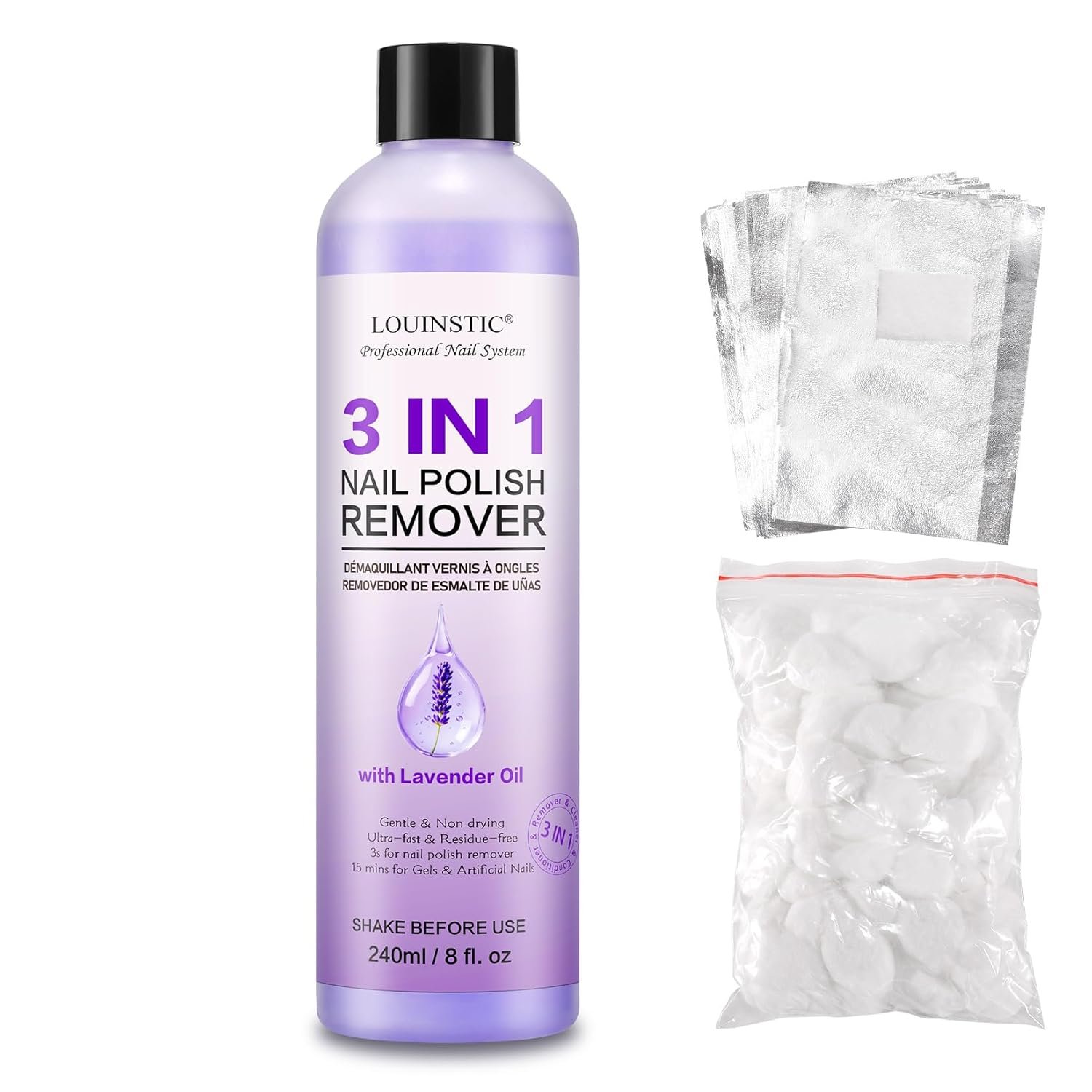 3-in-1 Acetone Nail Polish Remover – 8.1 Fl Oz, Gentle & Moisturizing Formula, Quickly Removes Nail Polish/Gel Polish, Lavender Nail Remover, Included Foil Wraps & Cotton Balls, for Home & Salon Use