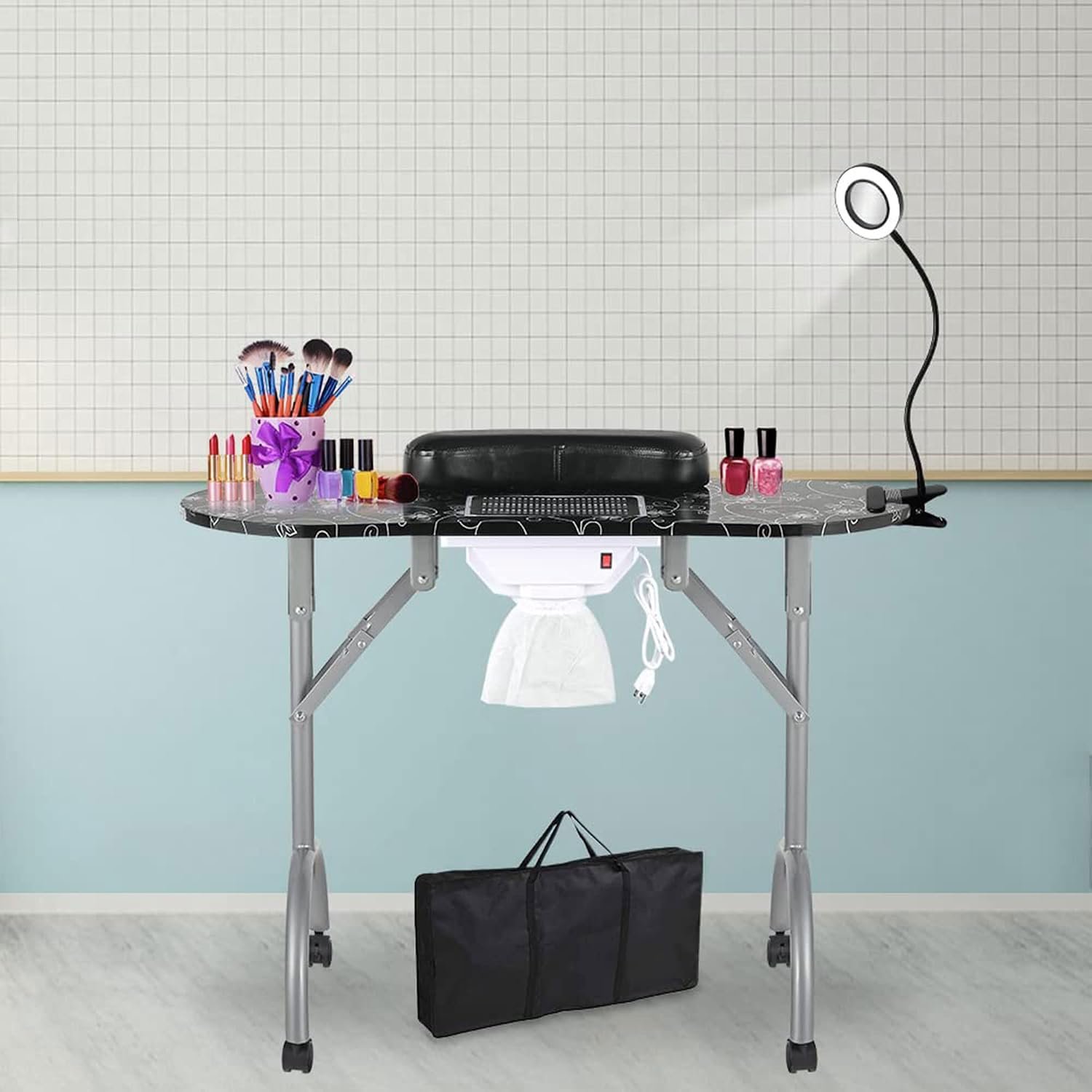 LEIBOU Professional 35”L Portable & Foldable Manicure Table Nail Technician Desk Workstation Salon Spa with Magnifier USB LED Lamp,Fan dust Collector,Sponge,Carrying Bag (Black Flower)