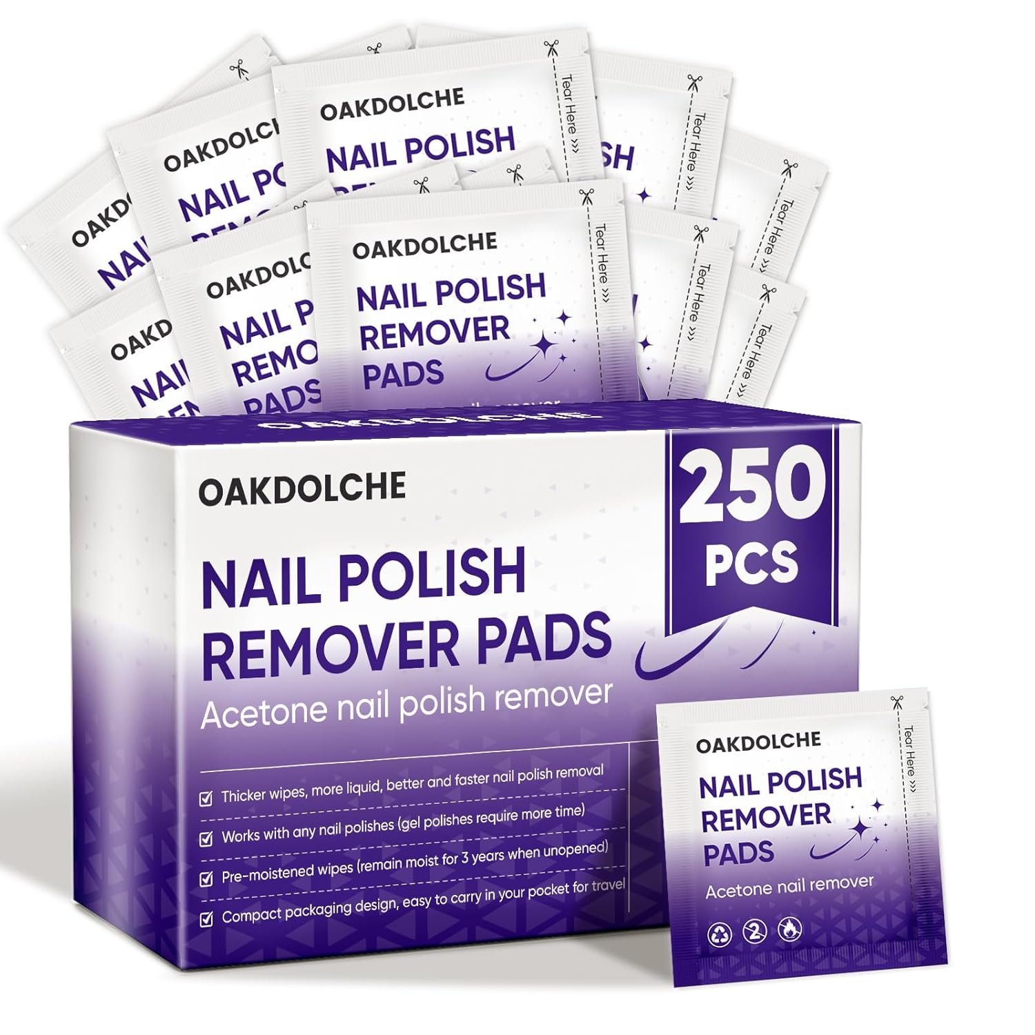 250 Pack Bulk Acetone Nail Polish Remover Pads, Individually Wrapped & Travel-Friendly, Quick & Effective for Gel & Fingernail Polish, Home & Professional Nail Polish Removal Wipes