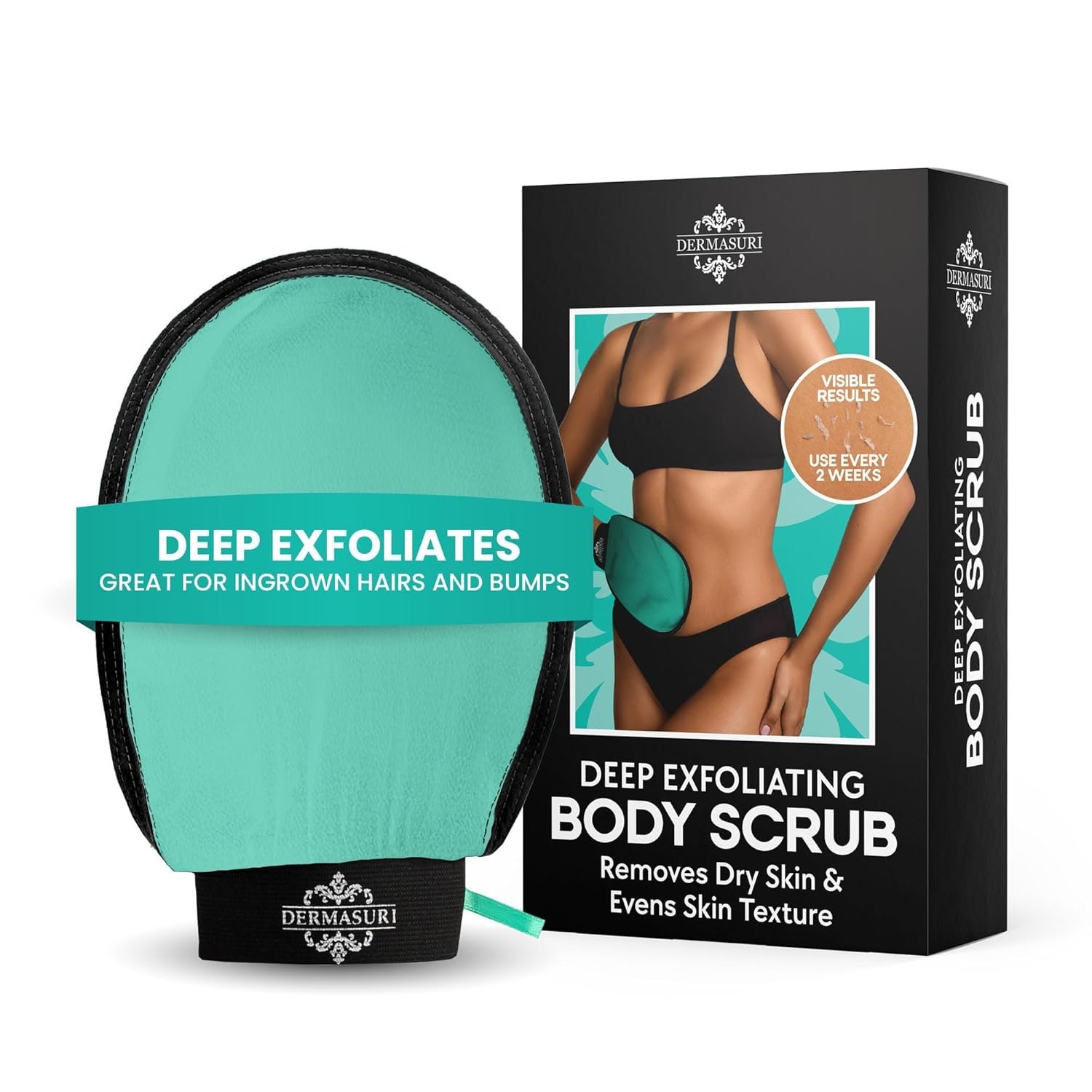 Dermasuri – Deep Exfoliating Glove – Korean Exfoliating Mitt & Body Scrubber – Keratosis Pilaris Treatment Scrub – Self Tanner Mitt & Ingrown Hair Exfoliator – Shower Gloves for Women & Men – Teal
