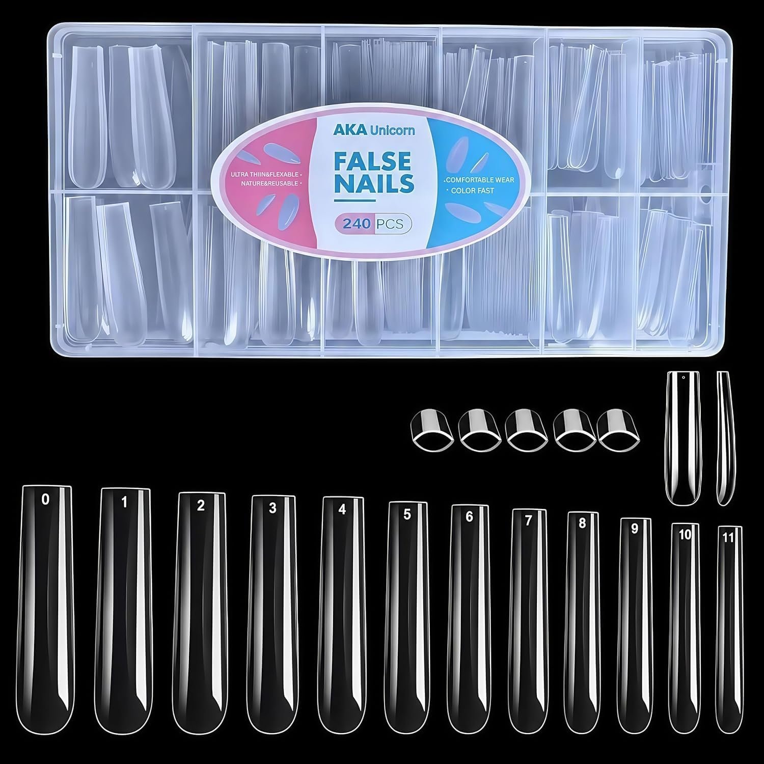 Long Square Nail Tips,Pre-Etched Full Cover Soft Gel Nail Tips | 240Pcs Clear No C Curve Acrylic Nail Extension for Salon Home DIY,12 Size Clear Press On Nail Tips for Beginner, Easy to Trim