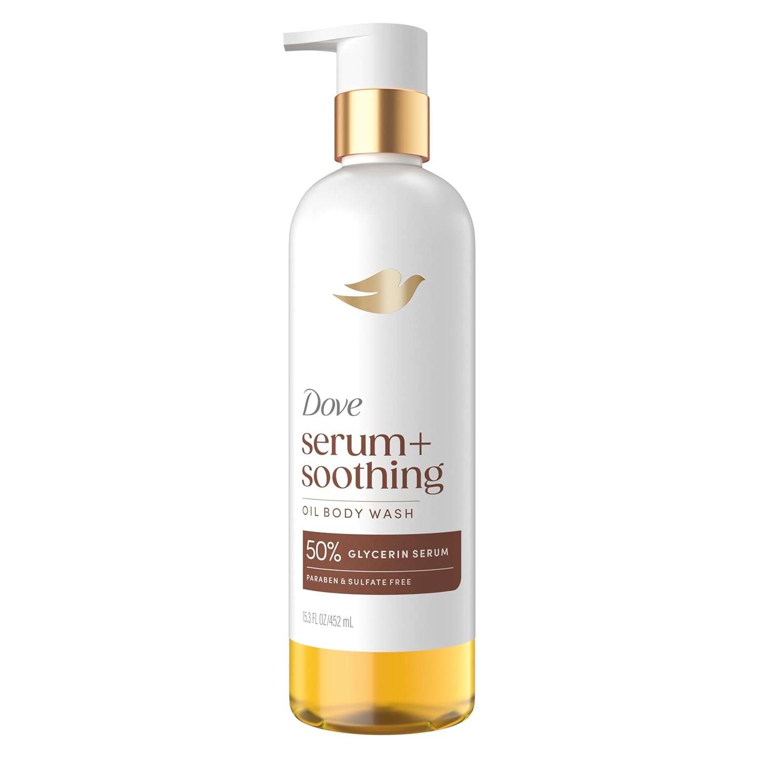 Dove Serum+ Shower Oil Body Wash with Glycerin Serum, Almond Oil & Sandalwood, Soothing Hydrating Cleanser, 15.3 fl oz