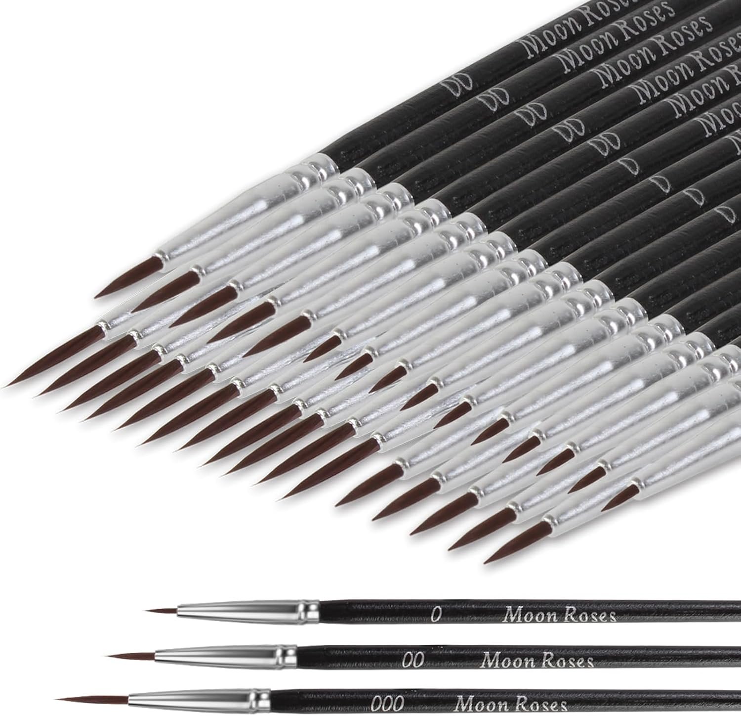 Moon Roses 30 Pcs Miniature Detail Paint Brush Set, 3rd Generation Tiny Liner Brushes, 3 Sizes (0, 00, 000) Fine Tip Paint Brush for 40K Model Crafts, Watercolor Acrylics Oil & Nail Painting