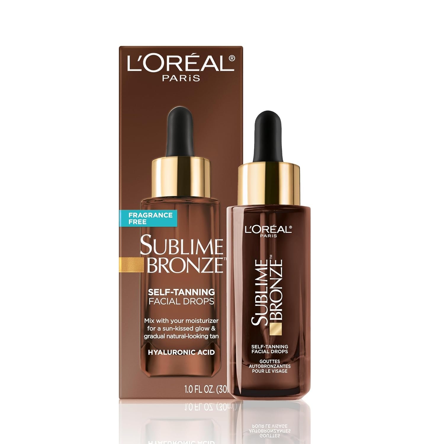 L’Oreal Paris Sublime Bronze Self Tanning Facial Drops with Hyaluronic Acid, Gradual Tan, Fragrance-Free, 1 fl. Oz