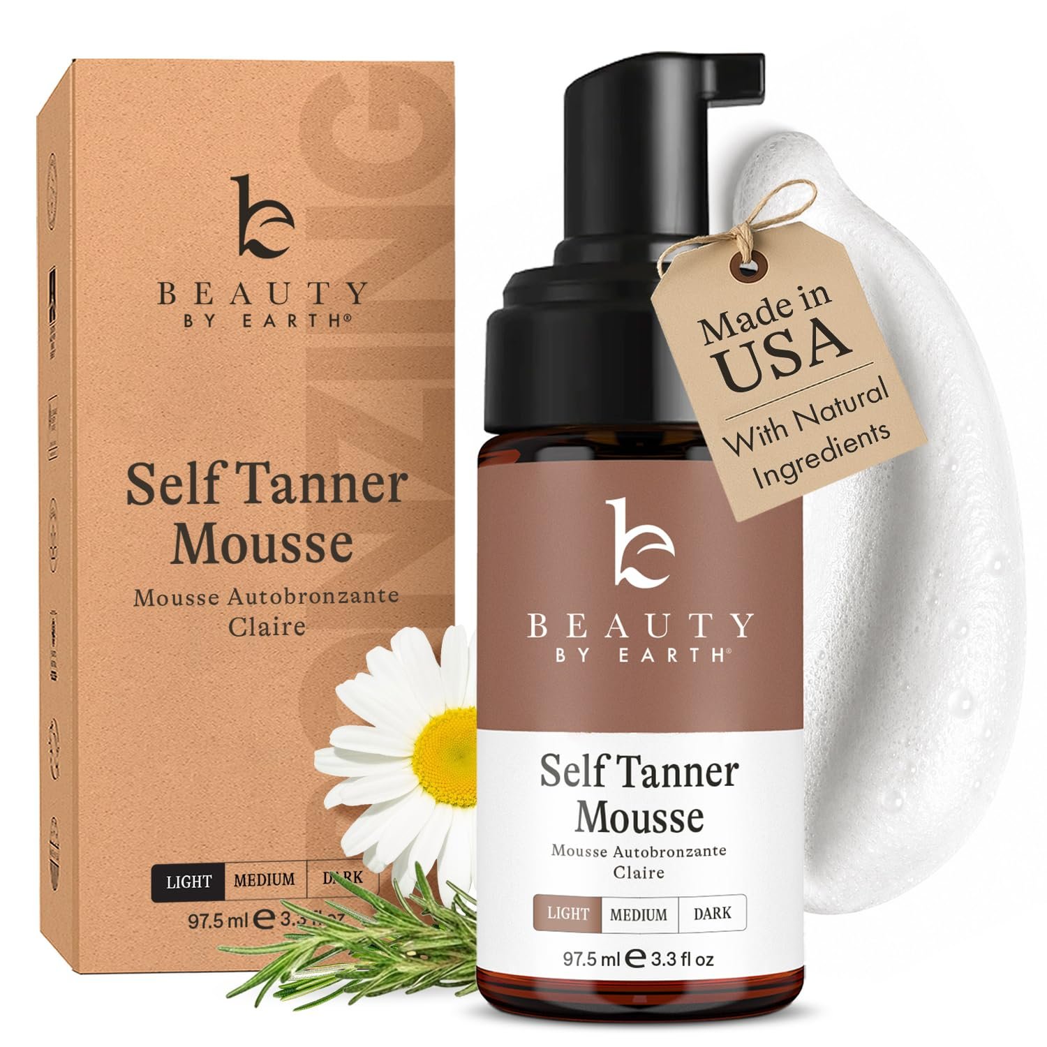 Self Tanner Mousse – USA Made with Natural & Organic Ingredients, Self Tanning Mousse for Fake Tan, Sunless Tanner for Pale Skin, Clear & Non Toxic Tanning Foam for Streak Free Finish, No Orange Color