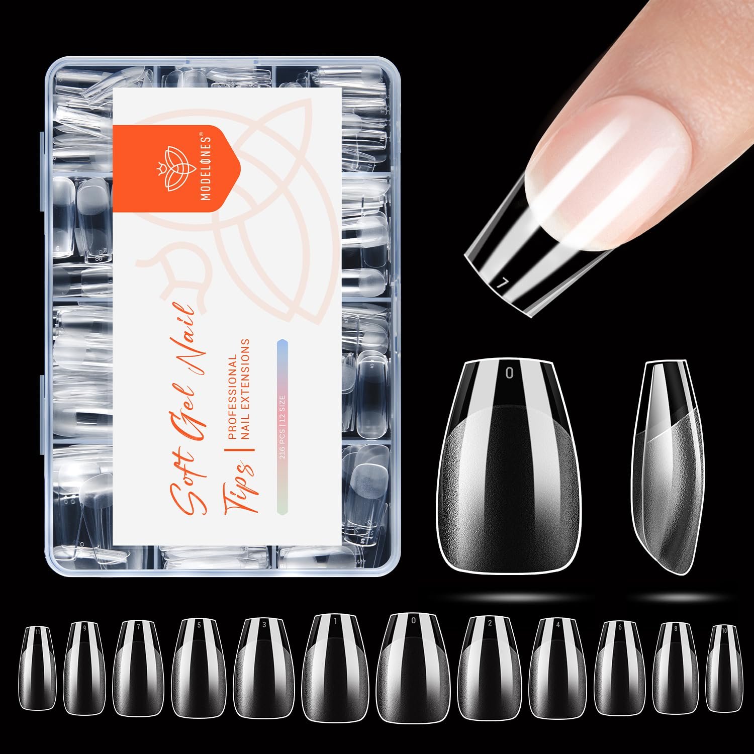 modelones Short Coffin Nail Tips, Pre-shaped Soft Gel Tips Fake Nails False Acrylic Clear Full Cover Press on Extension Kit Gel Manicure DIY at Home 216PCS 12Sizes