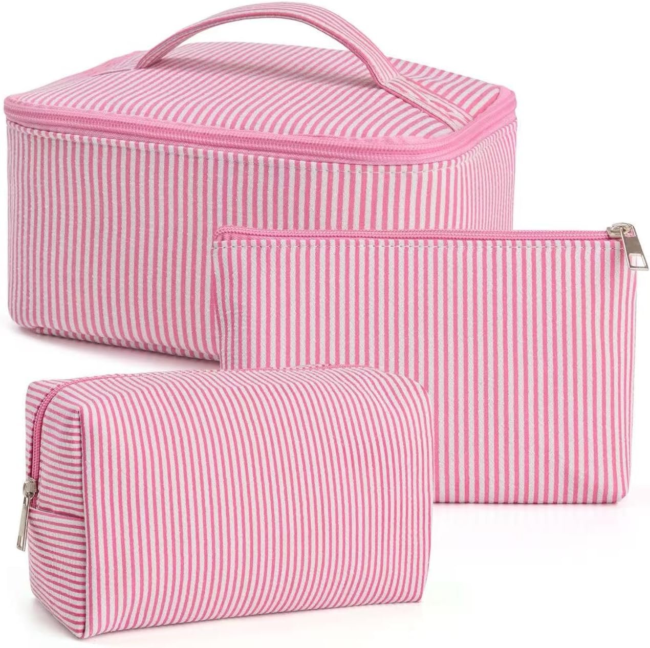 3 Pieces Makeup Bag Set Cute Cosmetic Pouch for Women Seersucker Cosmetic Bag Aesthetic Travel Toiletry Organizer Preppy Small Makeup Purse Pouch Skincare Brushes Storage Organizer for Women (Pink)