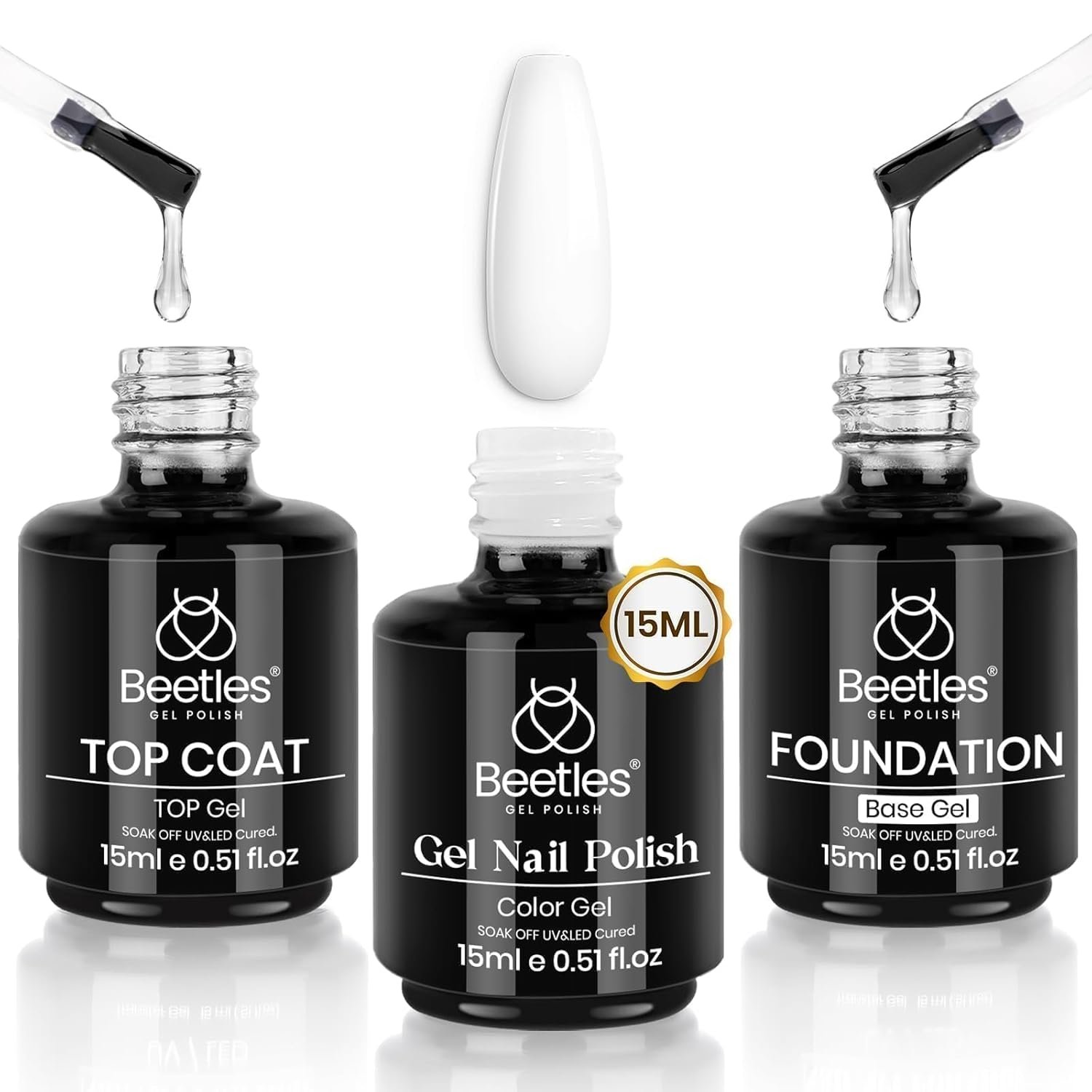 Beetles 3Pcs 15ml White Gel Nail Polish and No Wipe Gel Top Coat and Base Coat Set, Soak Off UV Lamp and Glossy Long Lasting French Manicure Art Design Kit