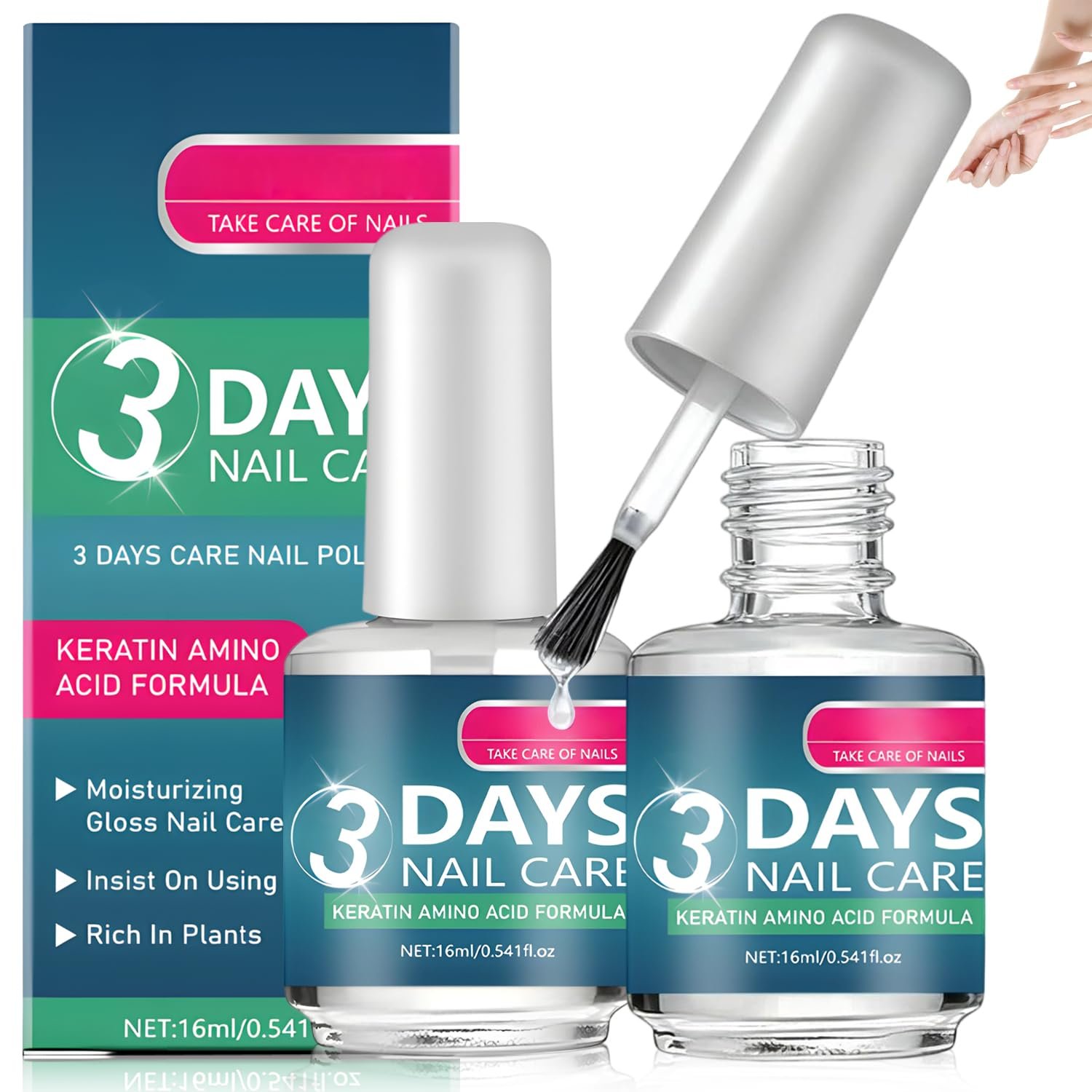 3 Days Nail Care – Keratin Amino Acid Nail Care, for Dry Weak Fragile Nails, Strengthening & Hydrating (16ml, 2pcs)