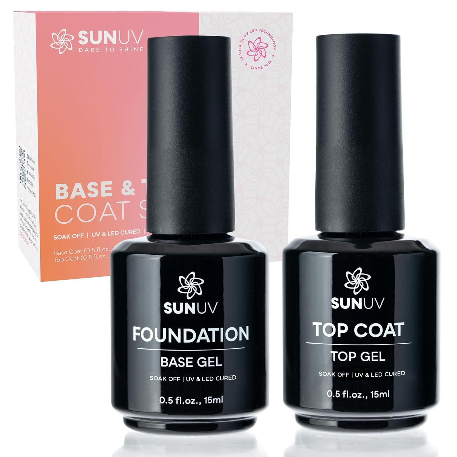SUNUV 15ml Gel Top Coat and Base Coat Set, Hema Free Gel Nail Polish Kit 2 Pack, Art Manicure UV Nail Lamp No Wipe High Gloss Gifts for Women