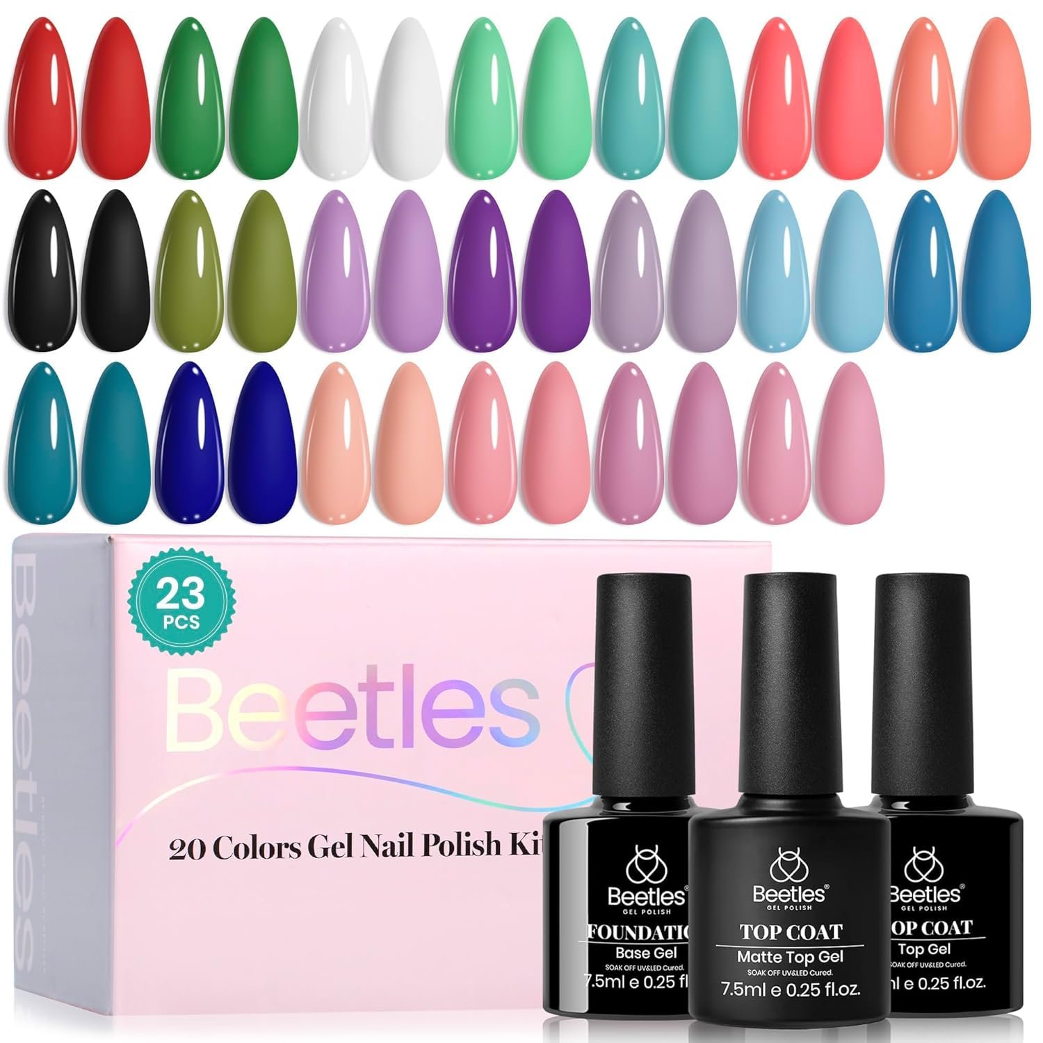 Beetles Gel Nail Polish Set – 23pcs Gel Polish Set Summer Colors, 20 Colors Pink Green Blue UV Gel Polish with Base Top Coat, All Season Manicure Tools for Beginners Nail Art Home