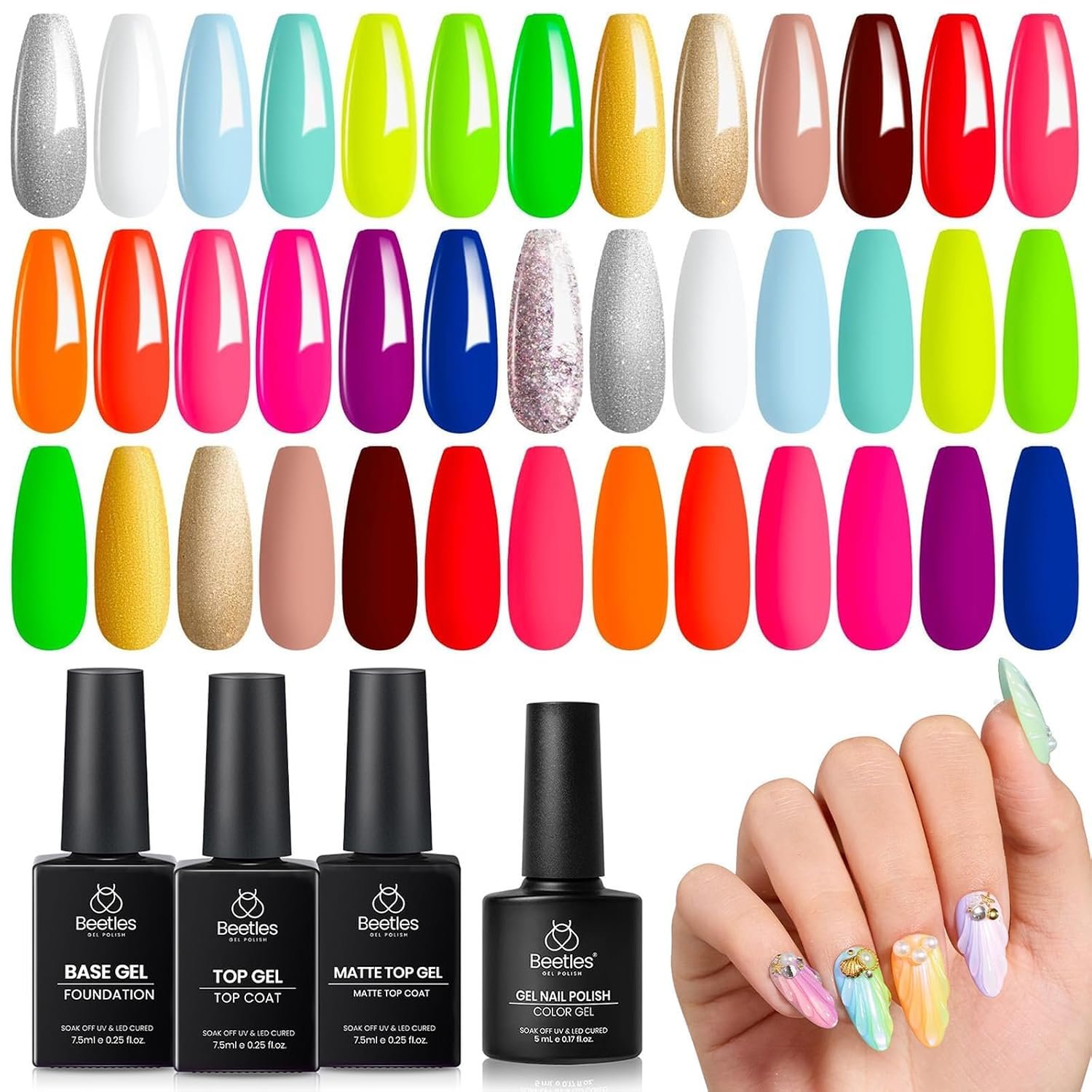 Beetles Neon Gel Nail Polish Set, 23 PCS 20 Color Summer Rainbow Gel Polish Kit with 3Pcs Base Top Coat, Hot Pink Orange Blue Lemon Green Glitter Colors Soak Off UV Manicure Gift for Women