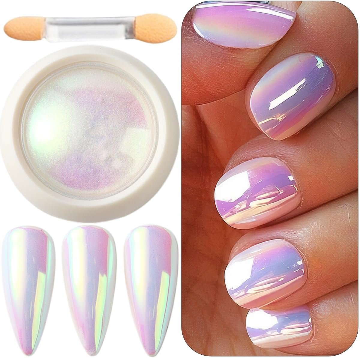 Holographic Unicorn Chrome Nail Powder, Aurora Rainbow Neon Nail Pigment Mermaid Pearlescent Mirror Effect Chameleon Reflective Glitter Nail Powder Dust with Brushes for Nail Art Decoration Kit