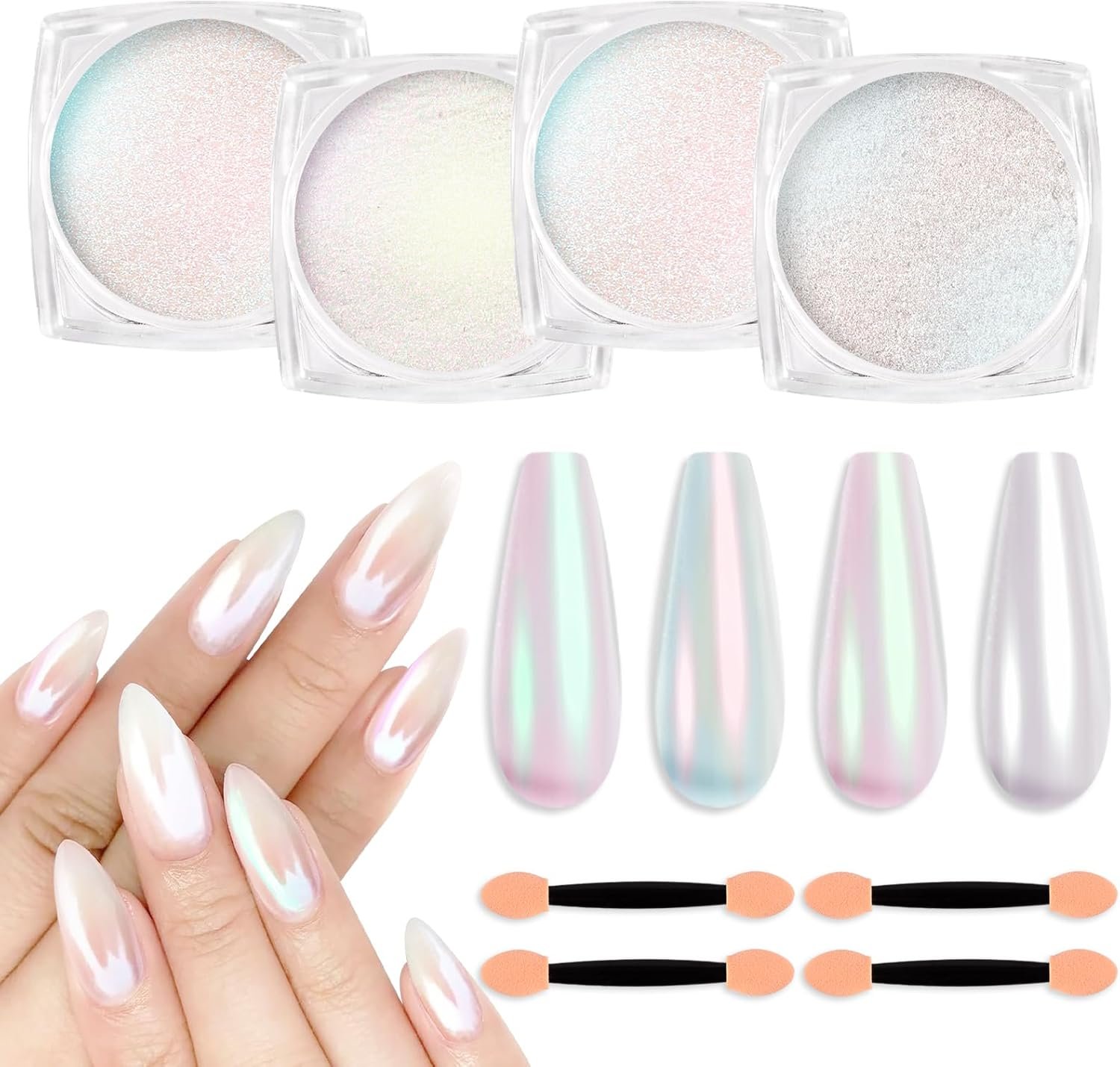 4Colors Chrome Nail Powder Metallic Mirror Glitter Effect Pigment Iridescent Aurora Dip Powder, Mermaid Pearl Dust Kit for Gel Polish Nail Art Decoration, Resin Craft-Colorful Dream